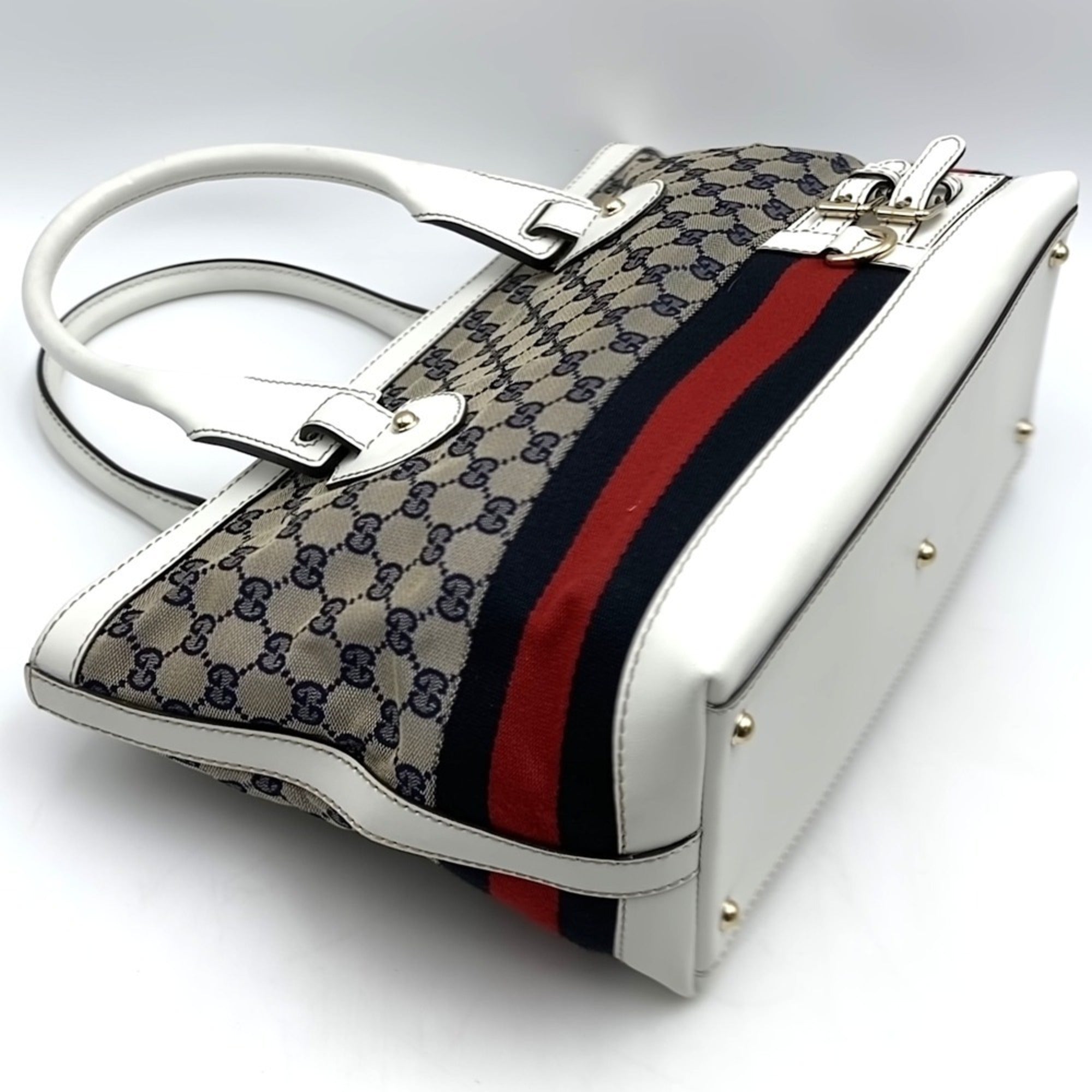 Gucci Beige Navy White Gg Canvas Tote Bag (Pre-Owned)