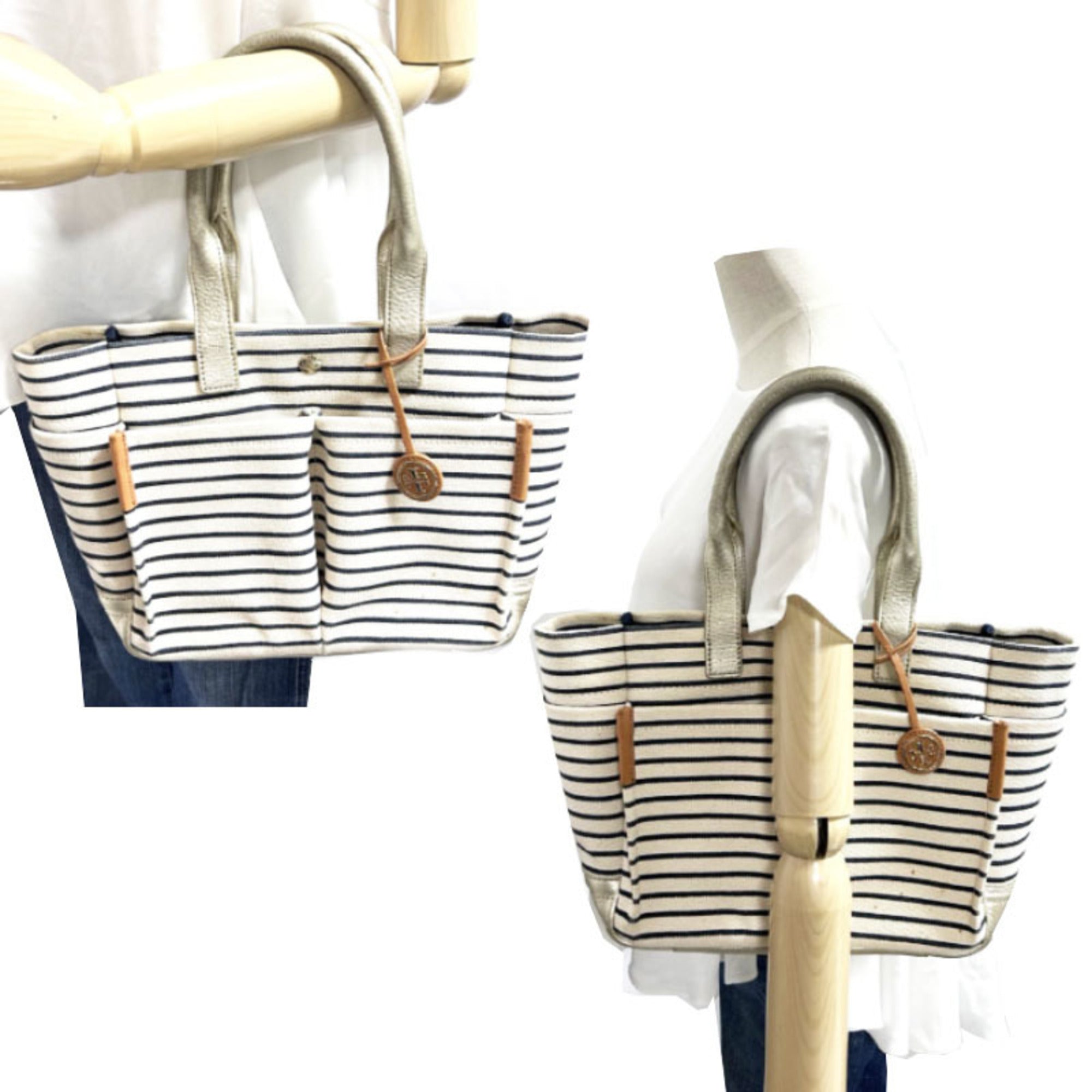 Tory Burch Navy White Canvas Leather Tote Bag (Pre-Owned)
