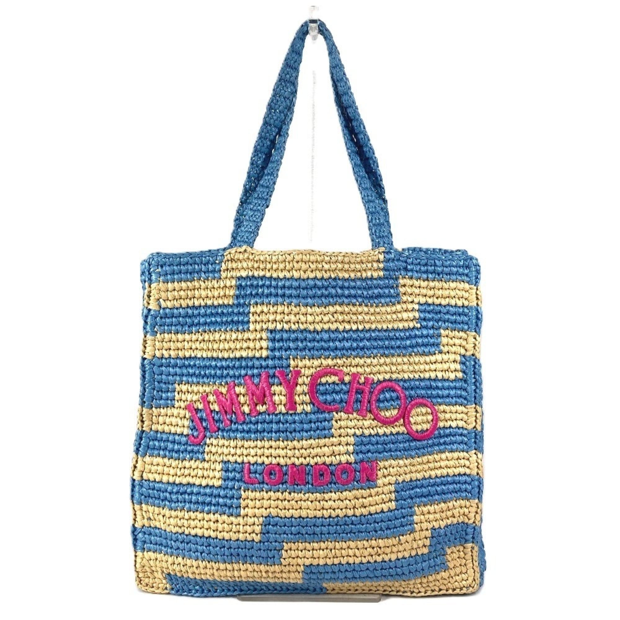 Jimmy Choo Beige Blue Pink Raffia Shoulder Bag Tote Bag (Pre-Owned)