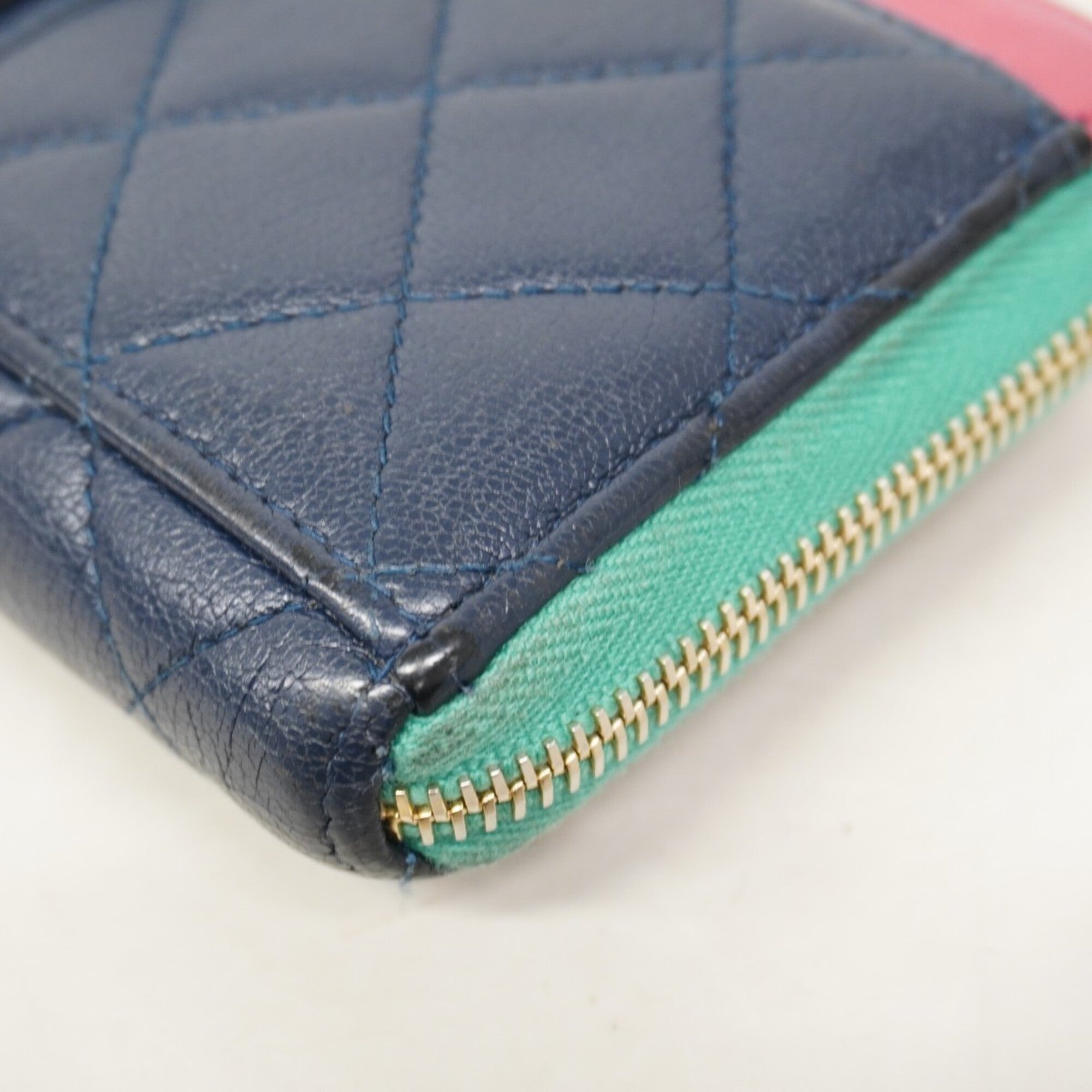 Chanel Navy Pink Grained Calfskin Long Wallet (Bi-Fold) (Pre-Owned)