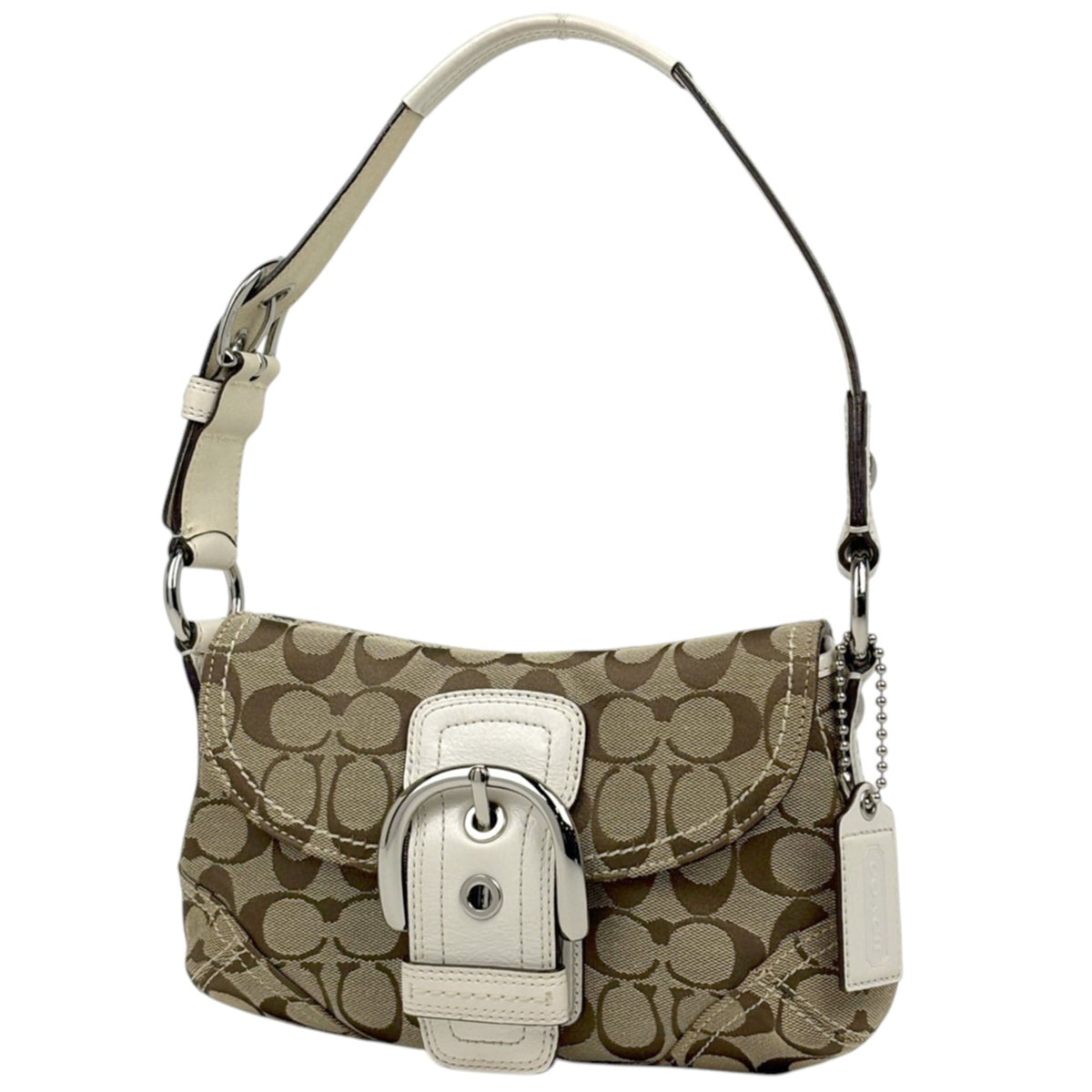 Coach Beige Signature Line Canvas Leather Shoulder Bag (Pre-Owned)