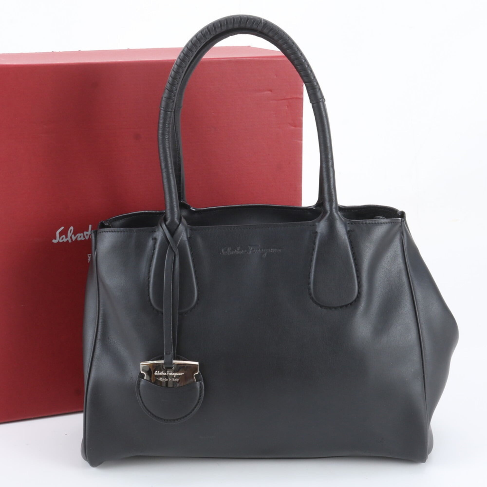 Salvatore Ferragamo Gancini Black Leather Handbag Shoulder Bag Tote Bag (Pre-Owned)