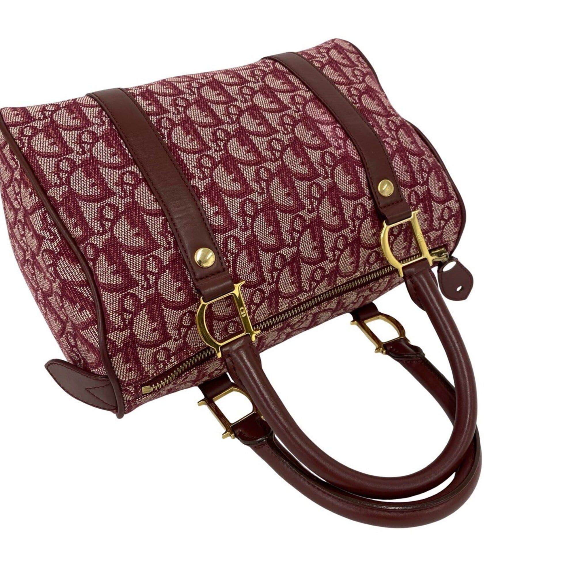 Christian Dior Red Color Wine Canvas Leather Boston Bag Handbag (Pre-Owned)