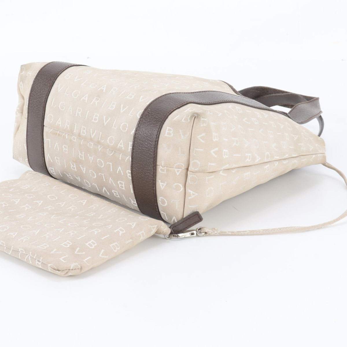 Bvlgari Beige Leather Canvas Handbag Shoulder Bag Tote Bag (Pre-Owned)
