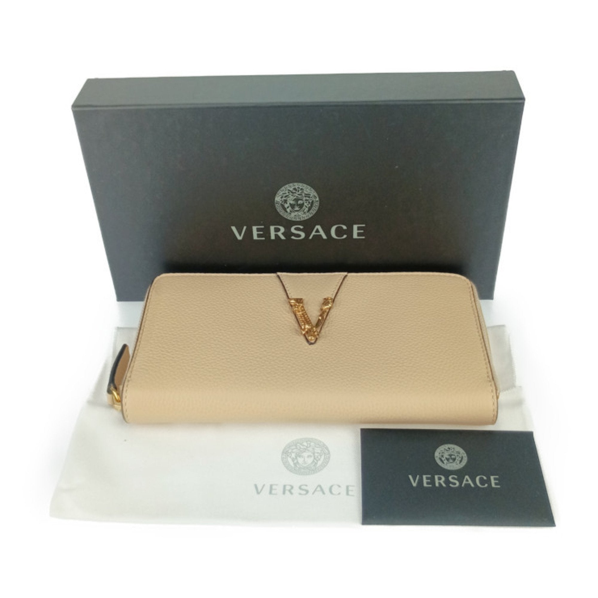 Versace Beige Leather Long Wallet (Bi-Fold) (Pre-Owned)
