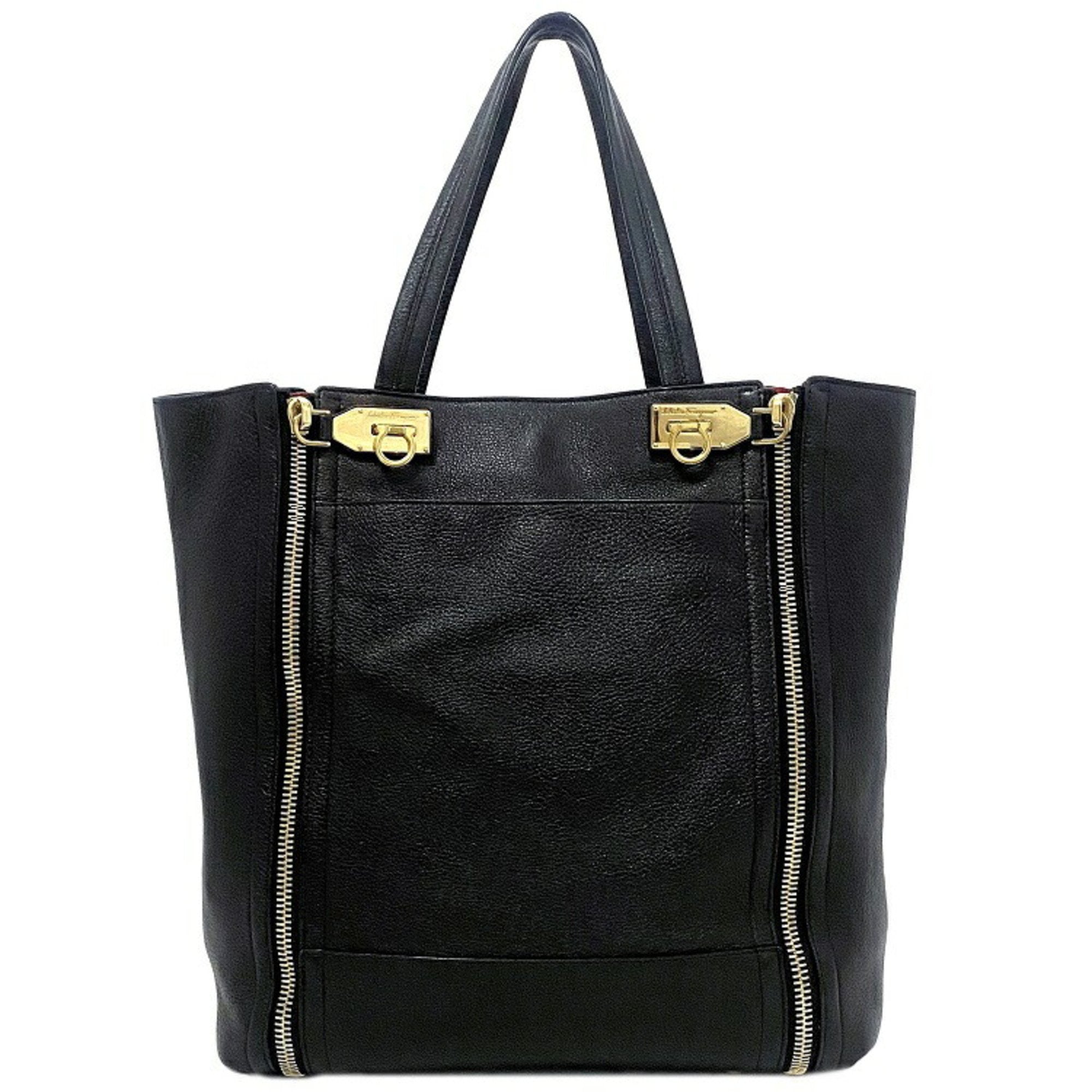 Salvatore Ferragamo Gancini Black Gold Leather Tote Bag (Pre-Owned)