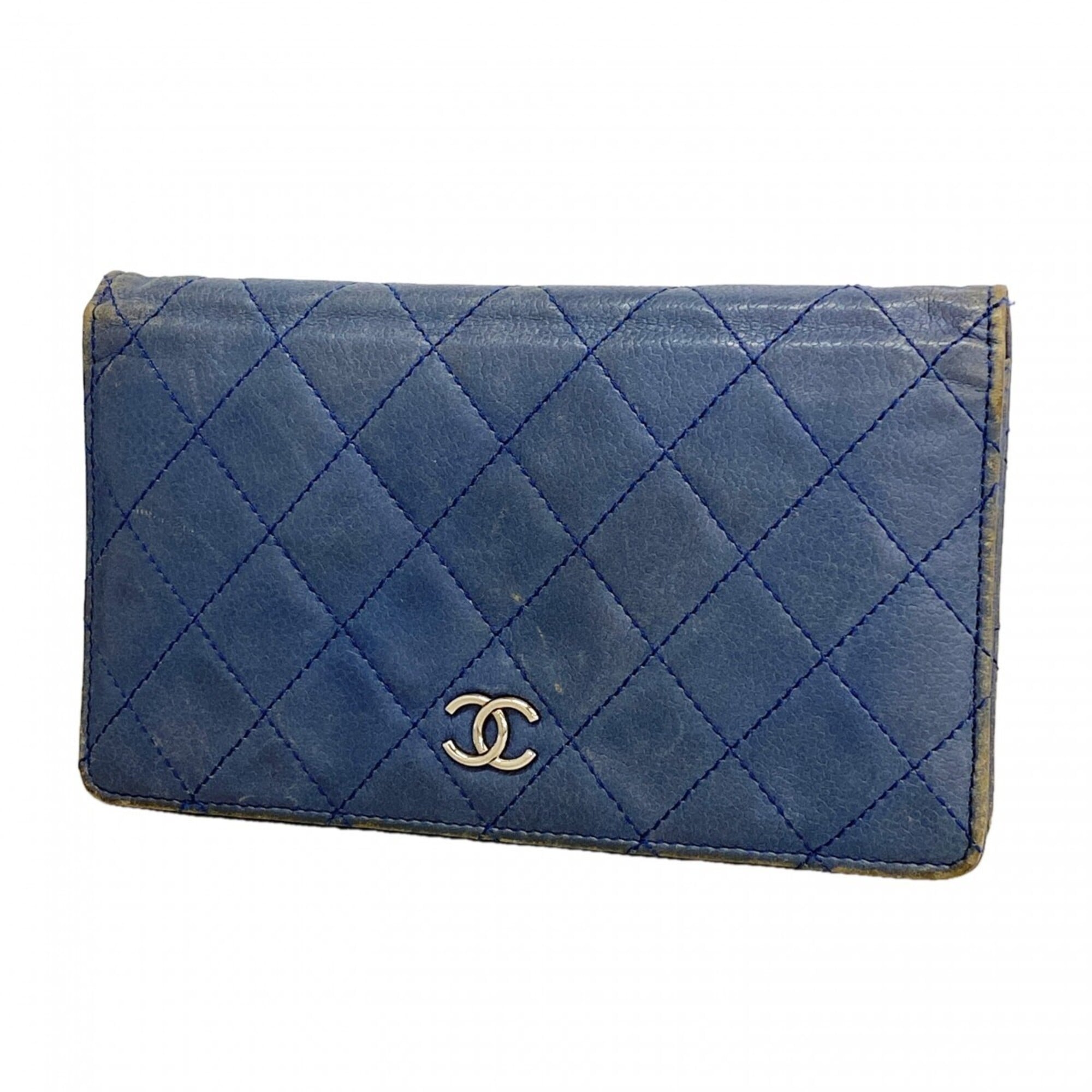 Chanel Blue Grained Calfskin Long Wallet (Bi-Fold) (Pre-Owned)