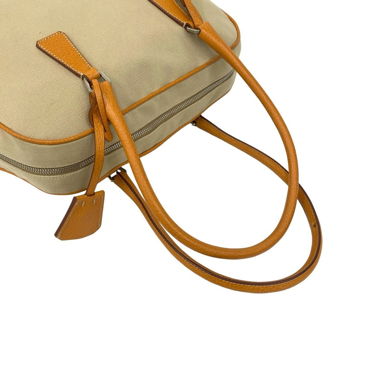 Prada Beige Leather Canvas Boston Bag Shoulder Bag Tote Bag (Pre-Owned)