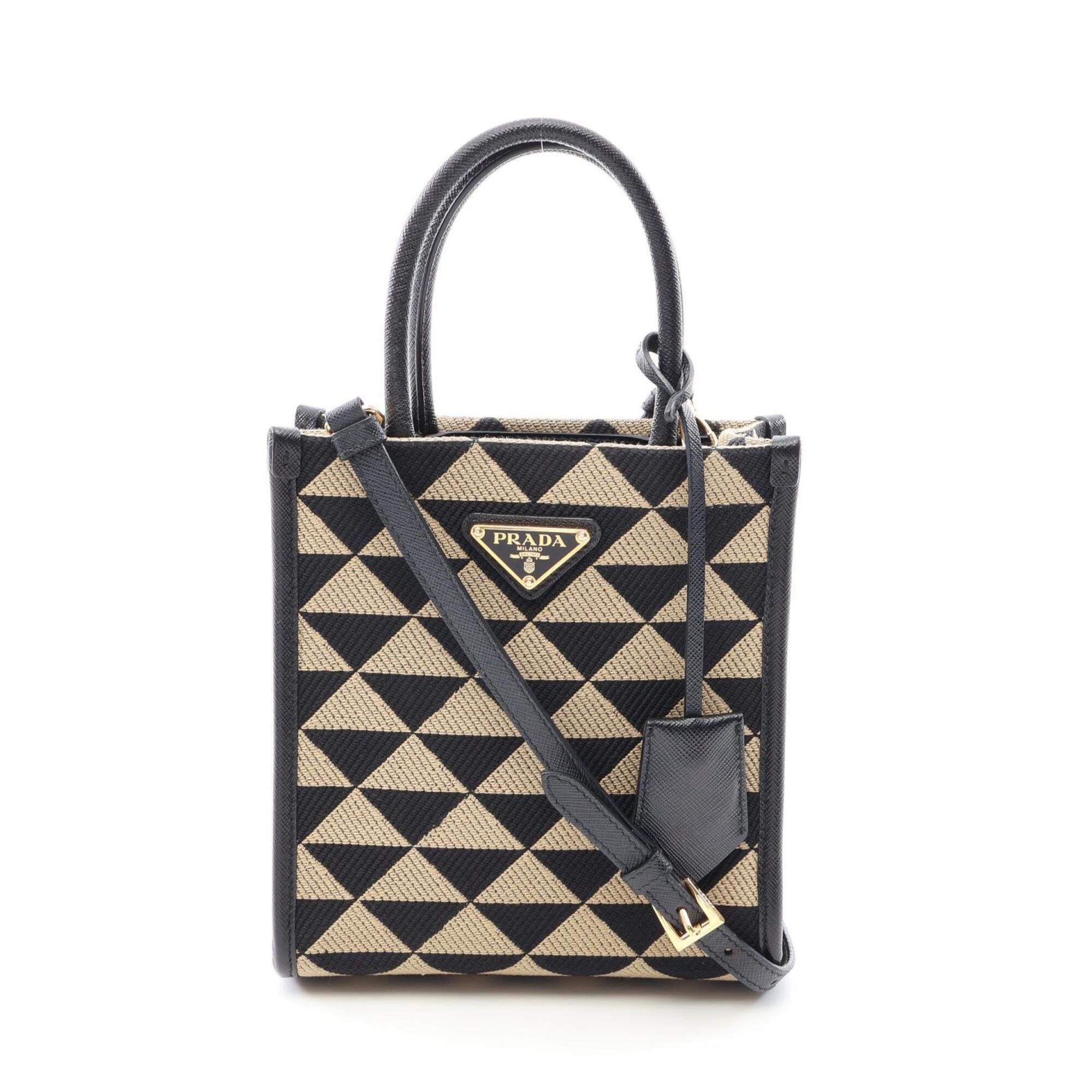 Prada Beige Black Canvas Saffiano Triangle Handbag (Pre-Owned)