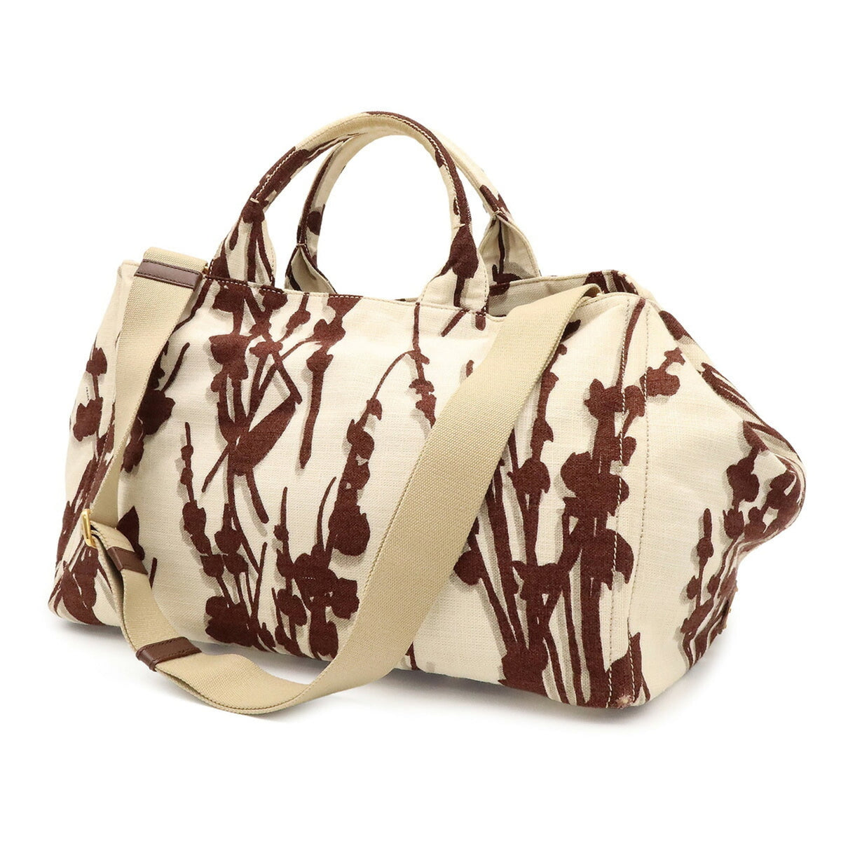 Prada Canapa Brown Ivory Canvas Handbag Shoulder Bag Tote Bag (Pre-Owned)
