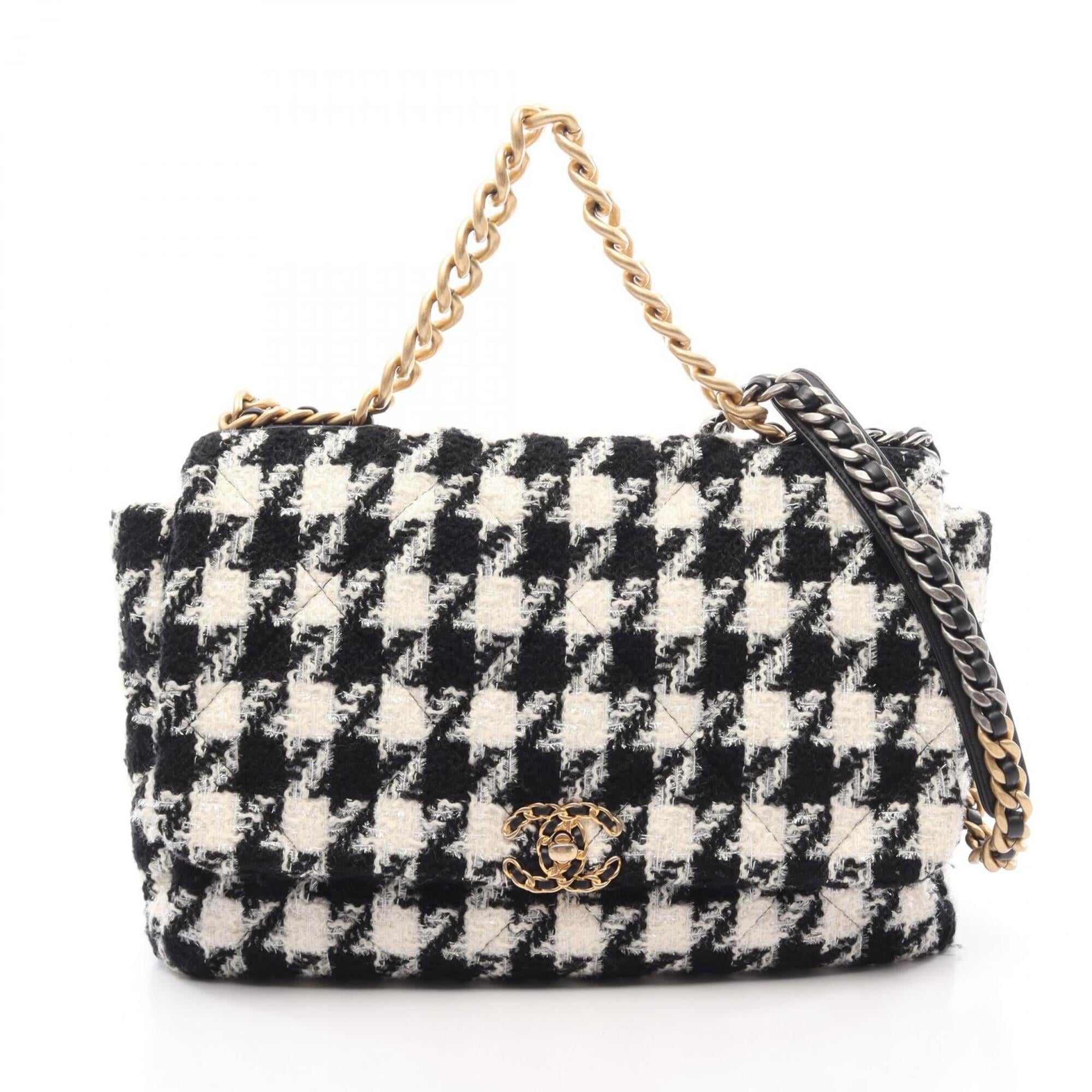 Chanel Black White Fabric Leather Handbag Shoulder Bag (Pre-Owned)