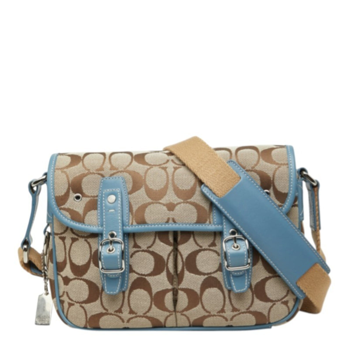 Coach Beige Blue Canvas Leather Shoulder Bag (Pre-Owned)