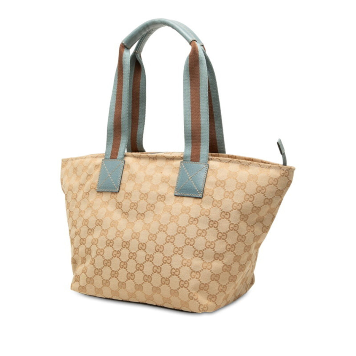 Gucci Beige Blue Canvas Leather Shoulder Bag Tote Bag (Pre-Owned)