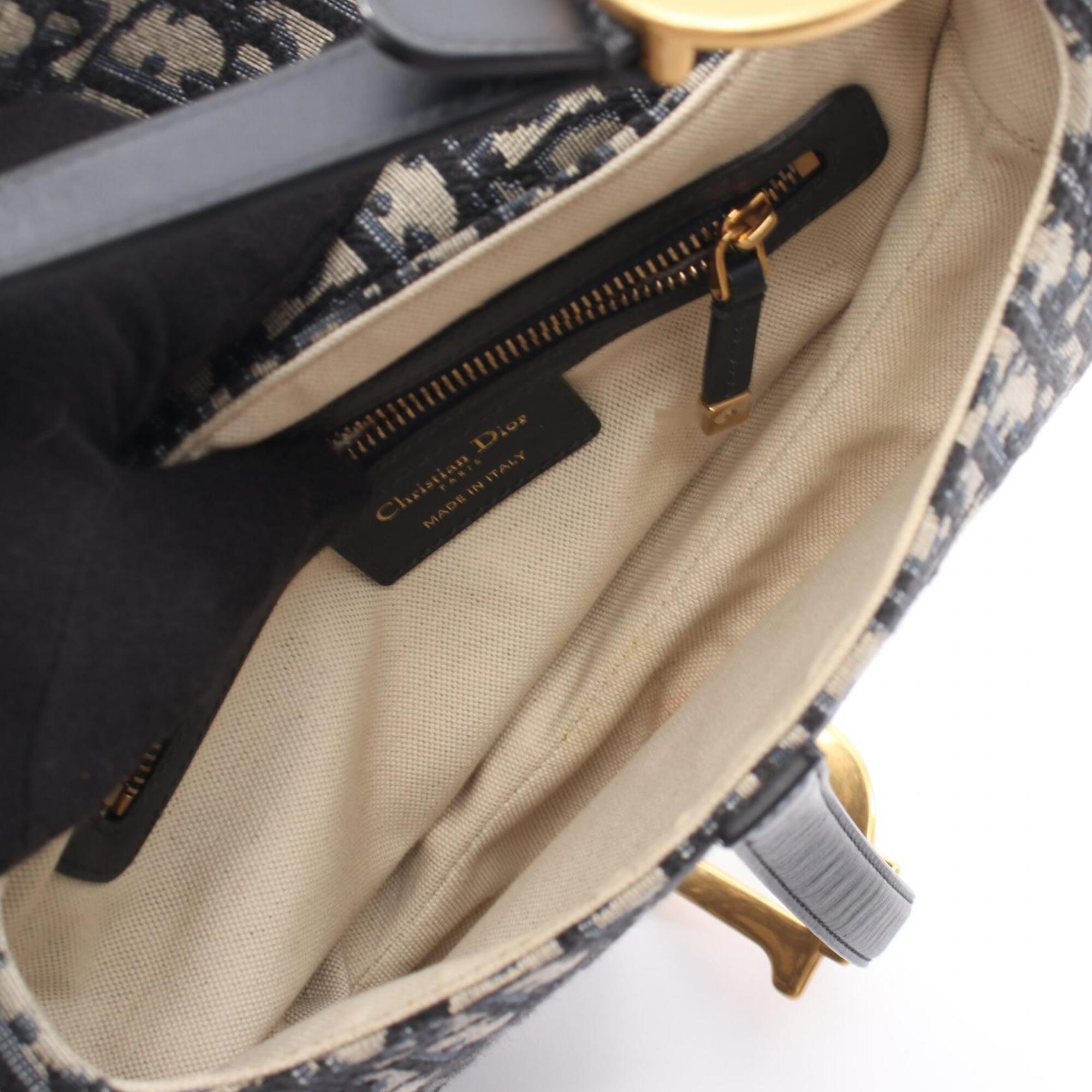 Christian Dior Beige Navy Canvas Leather Handbag Saddle Bag (Pre-Owned)