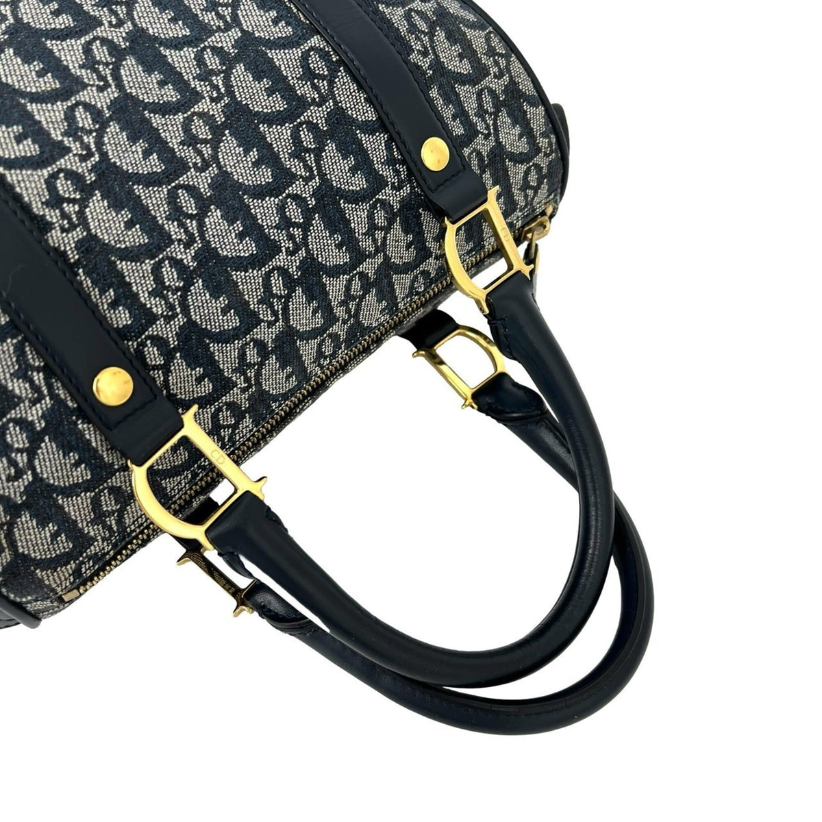 Christian Dior Navy Canvas Leather Boston Bag Handbag (Pre-Owned)