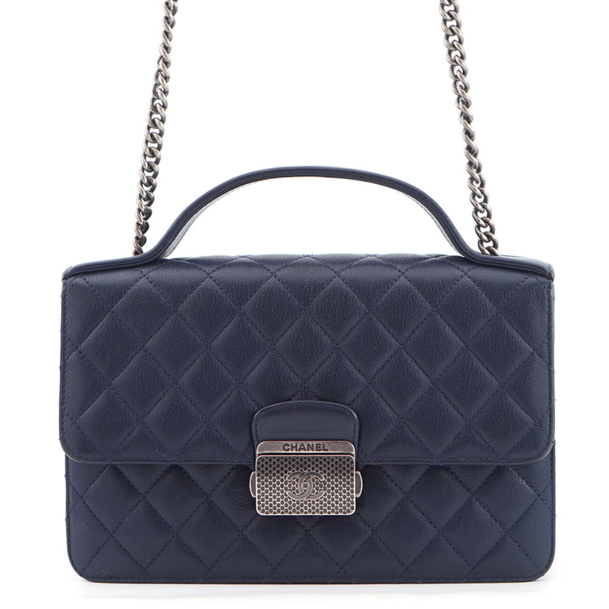 Chanel Navy Leather Handbag Shoulder Bag (Pre-Owned)