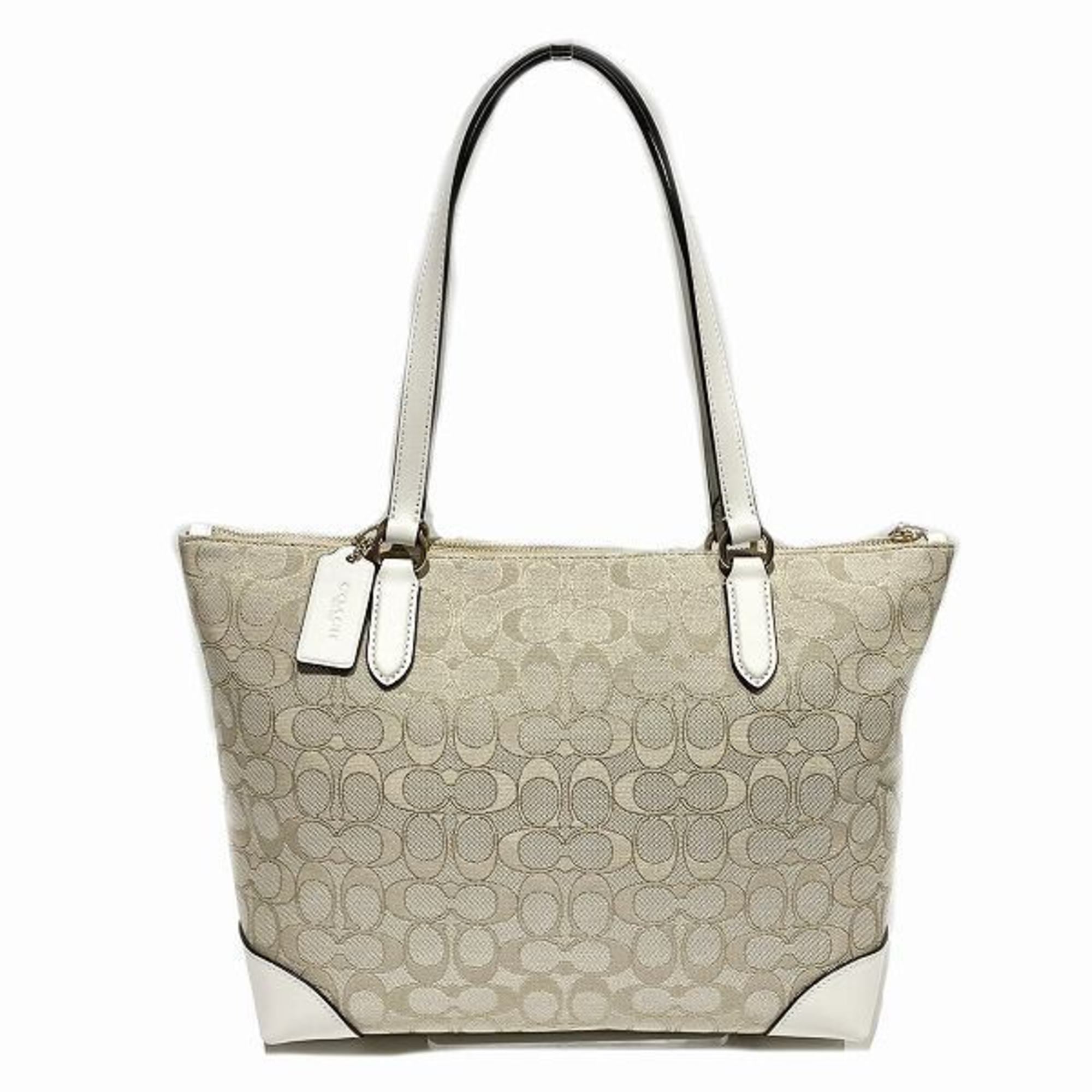 Coach Light Beige White Canvas Leather Tote Bag (Pre-Owned)