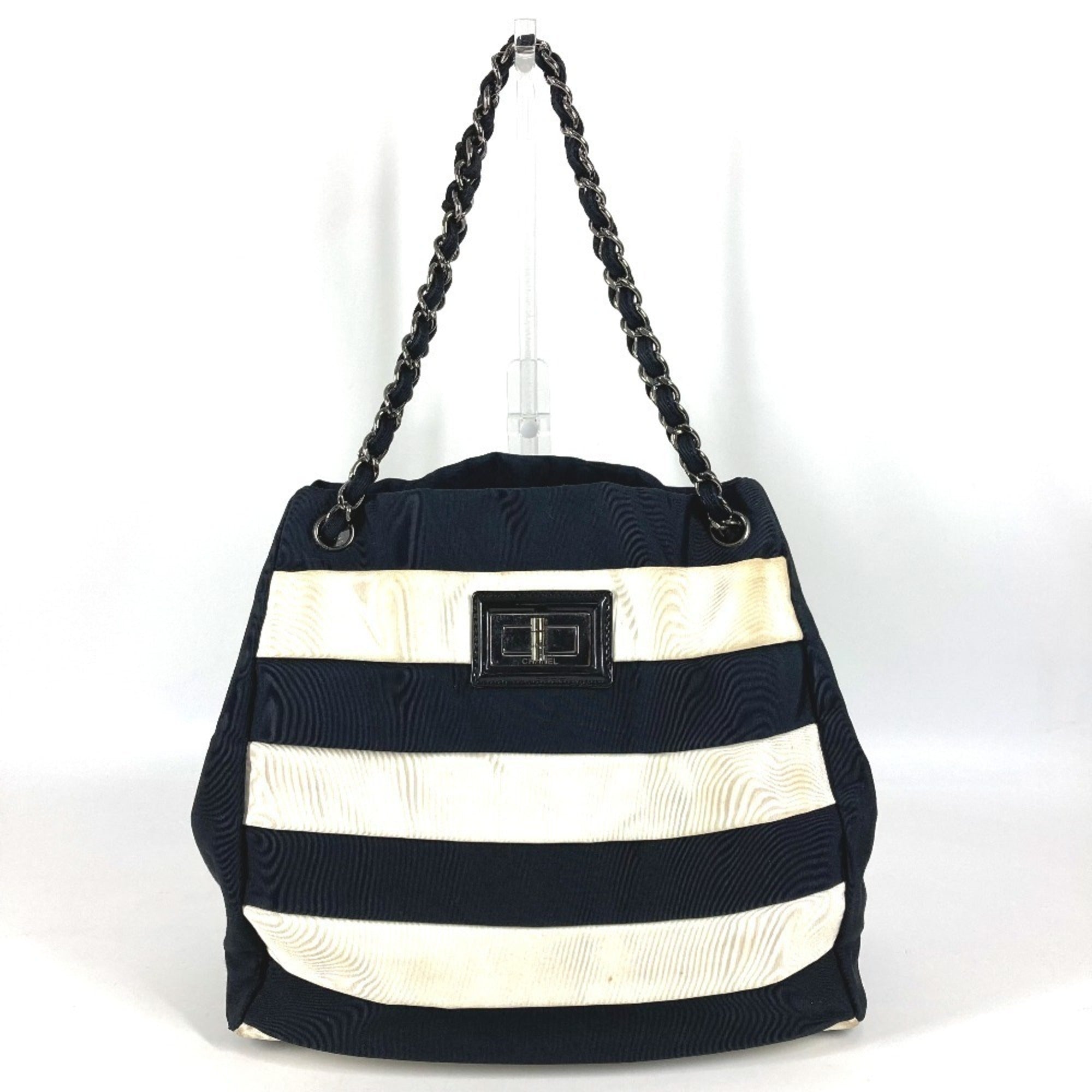 Chanel 2.55 Black White Nylon Canvas Shoulder Bag Tote Bag (Pre-Owned)