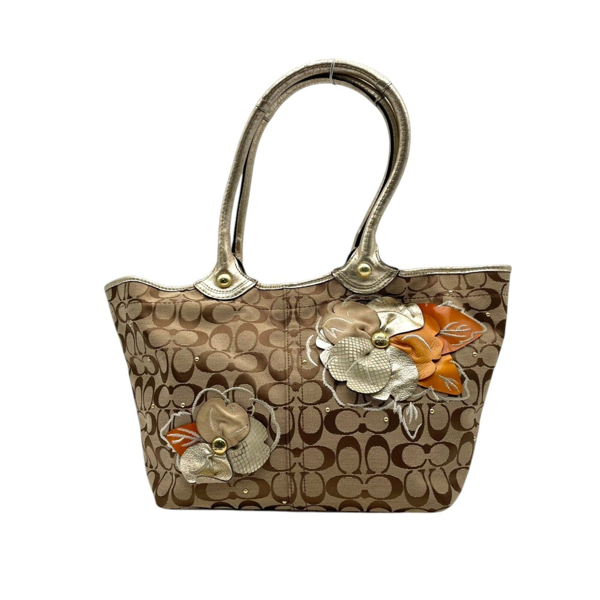 Coach Beige Gold Canvas Leather Handbag Tote Bag (Pre-Owned)