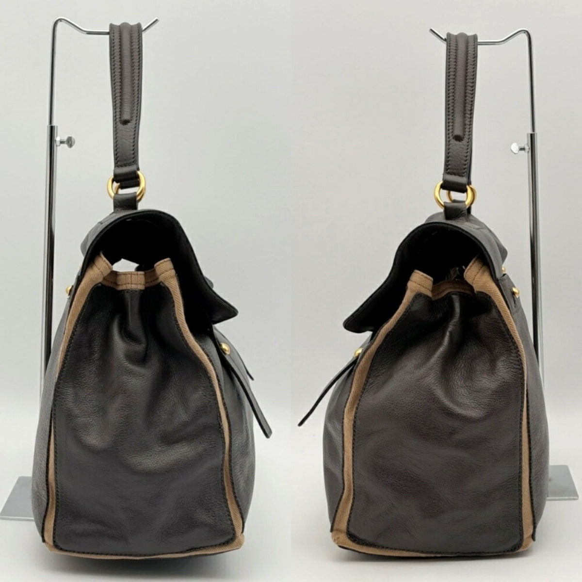 Yves Saint Laurent Beige Dark Brown Leather Canvas Handbag Shoulder Bag (Pre-Owned)