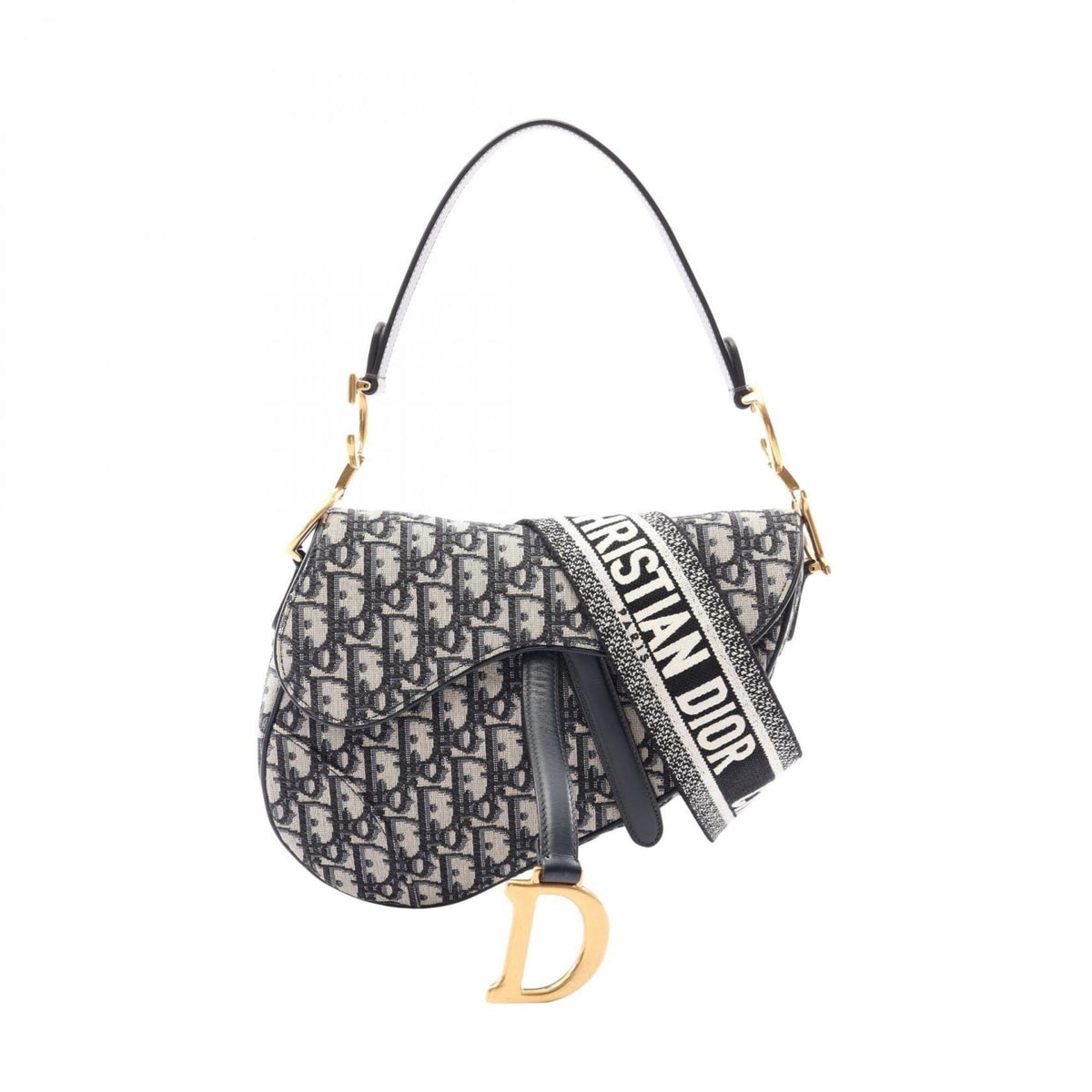 Christian Dior Ivory Navy Canvas Leather Saddle Bag (Pre-Owned)