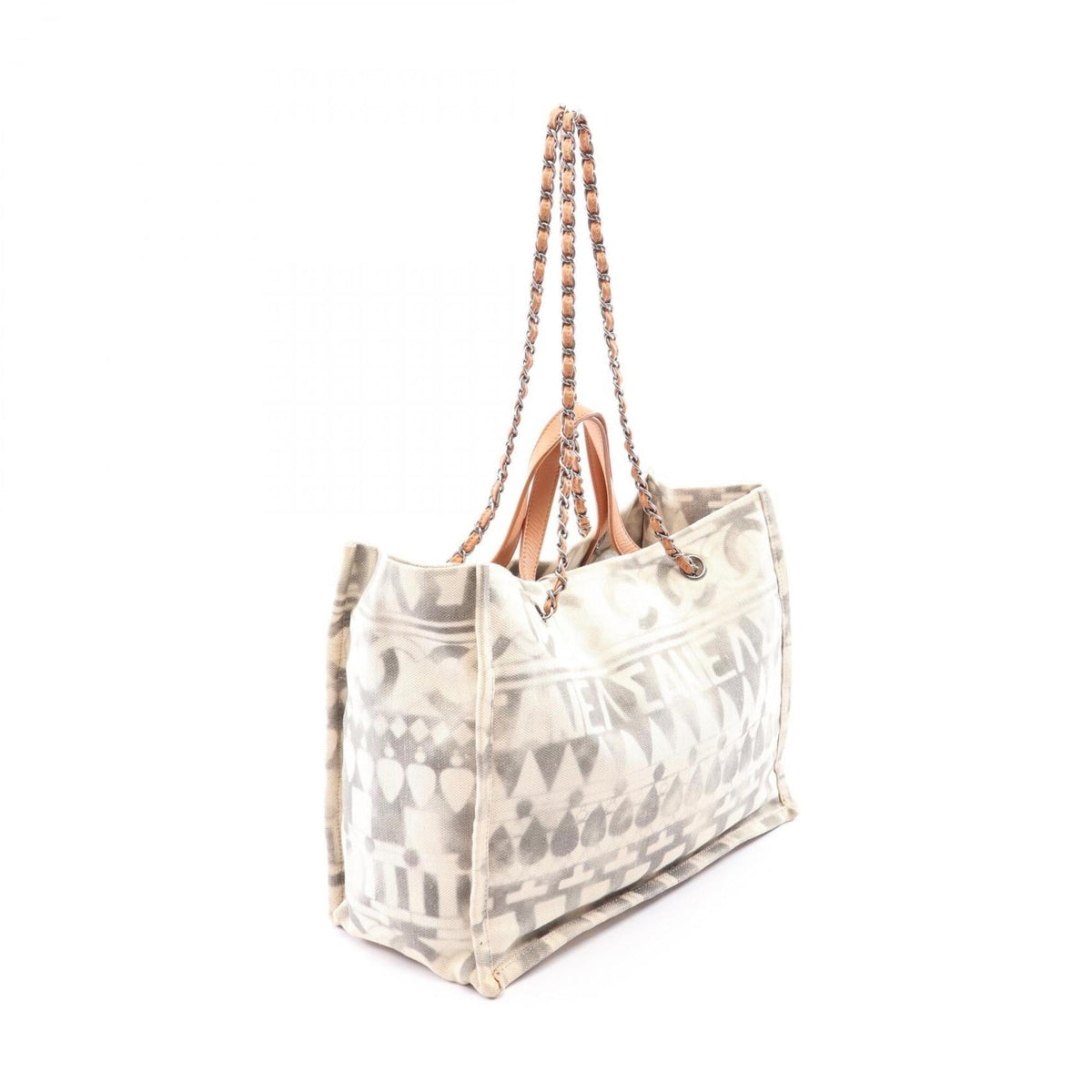 Chanel Brown White Canvas Leather Handbag Tote Bag (Pre-Owned)