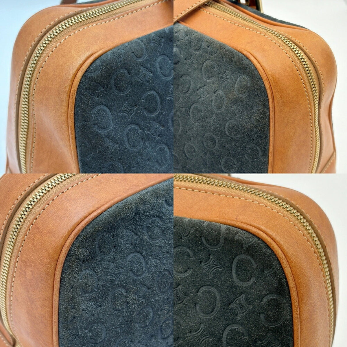 Celine Macadam Brown Navy Suede Leather Boston Bag (Pre-Owned)