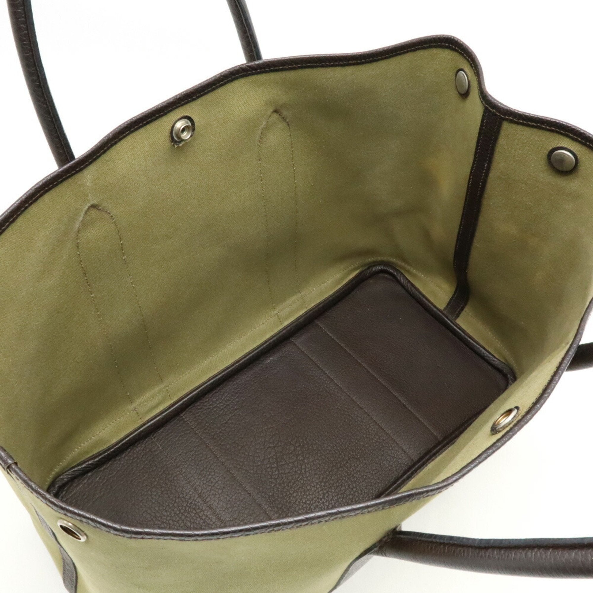Hermes Garden Dark Brown Khaki Toile Officier Leather Handbag Tote Bag (Pre-Owned)