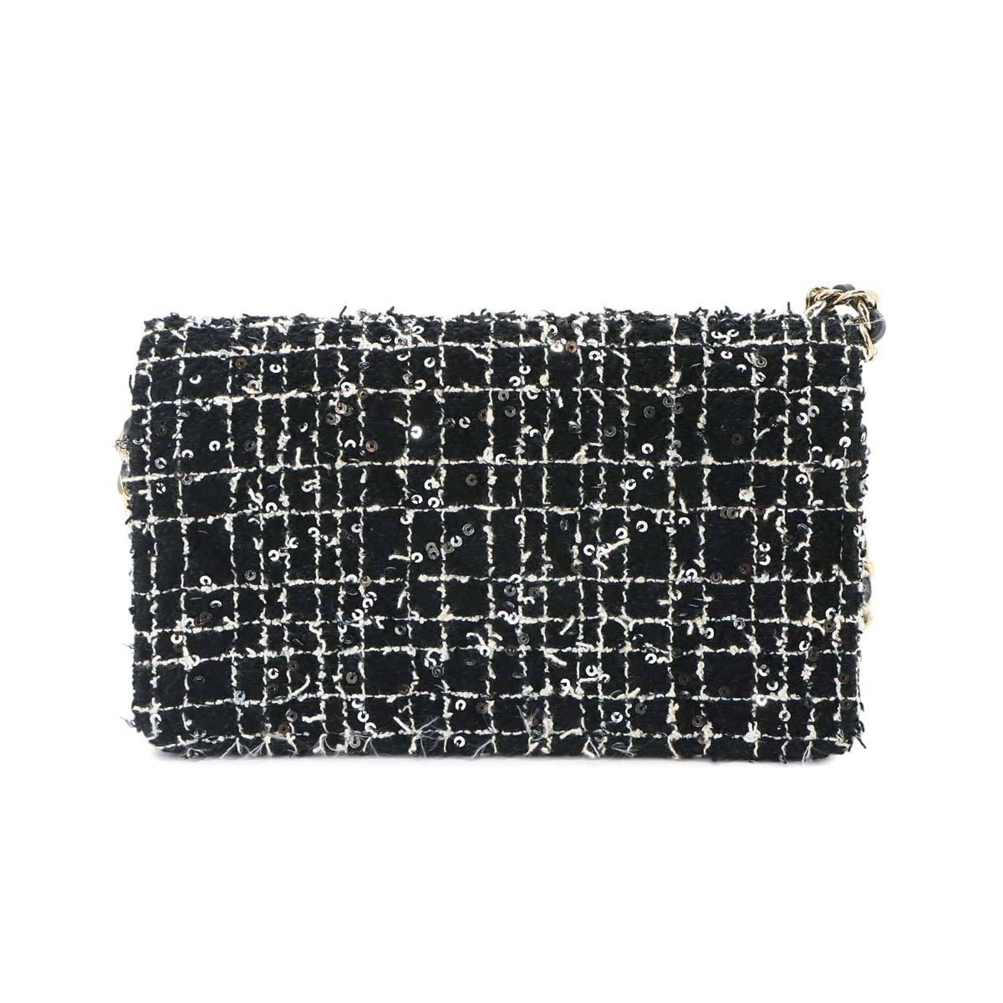 Chanel Matelasse Black White Tweed Leather Chain/Shoulder Wallet (Pre-Owned)