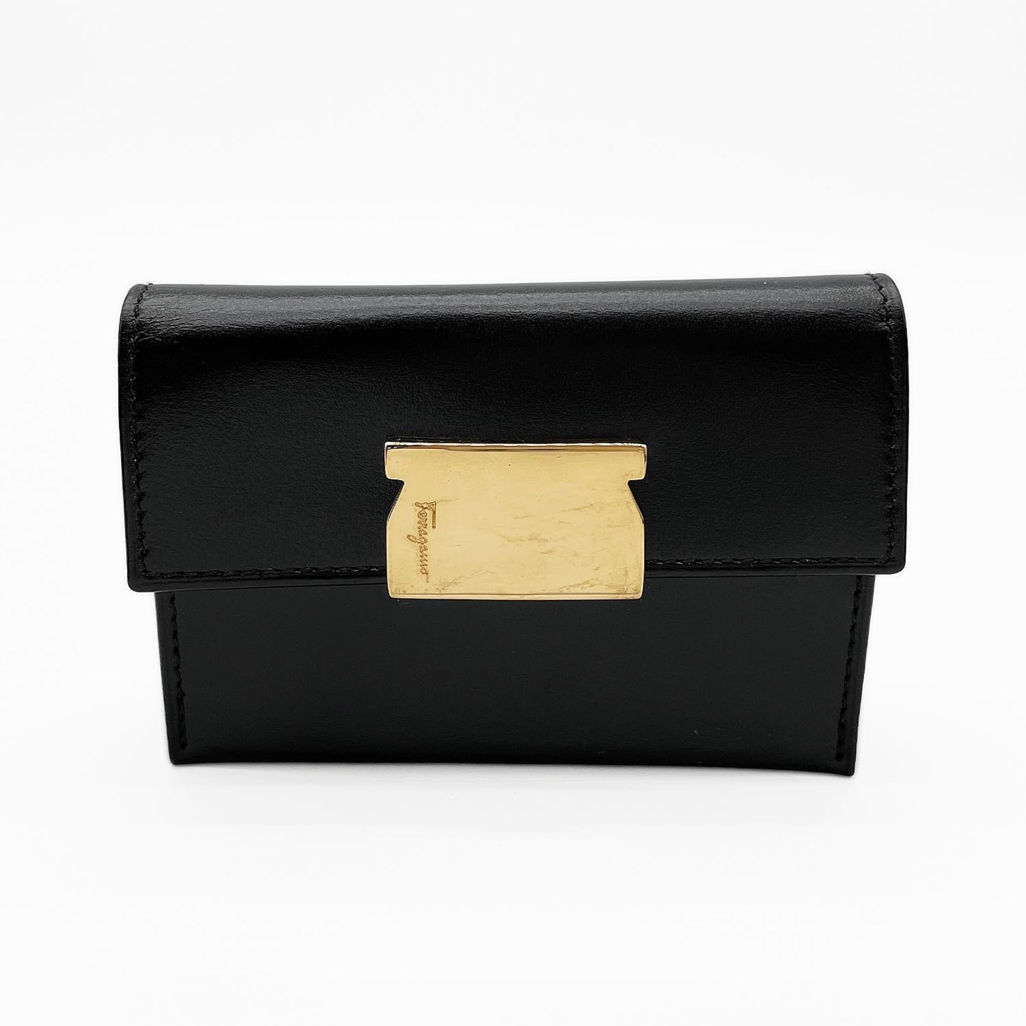 Salvatore Ferragamo Black Metal Leather Coin Purse/Coin Case (Pre-Owned)