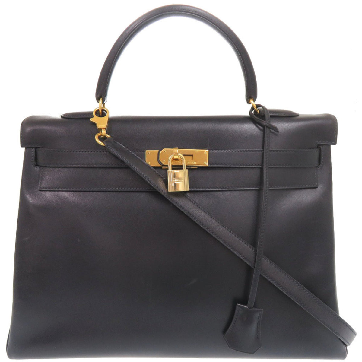Hermes Navy Box Calf Leather Handbag (Pre-Owned)