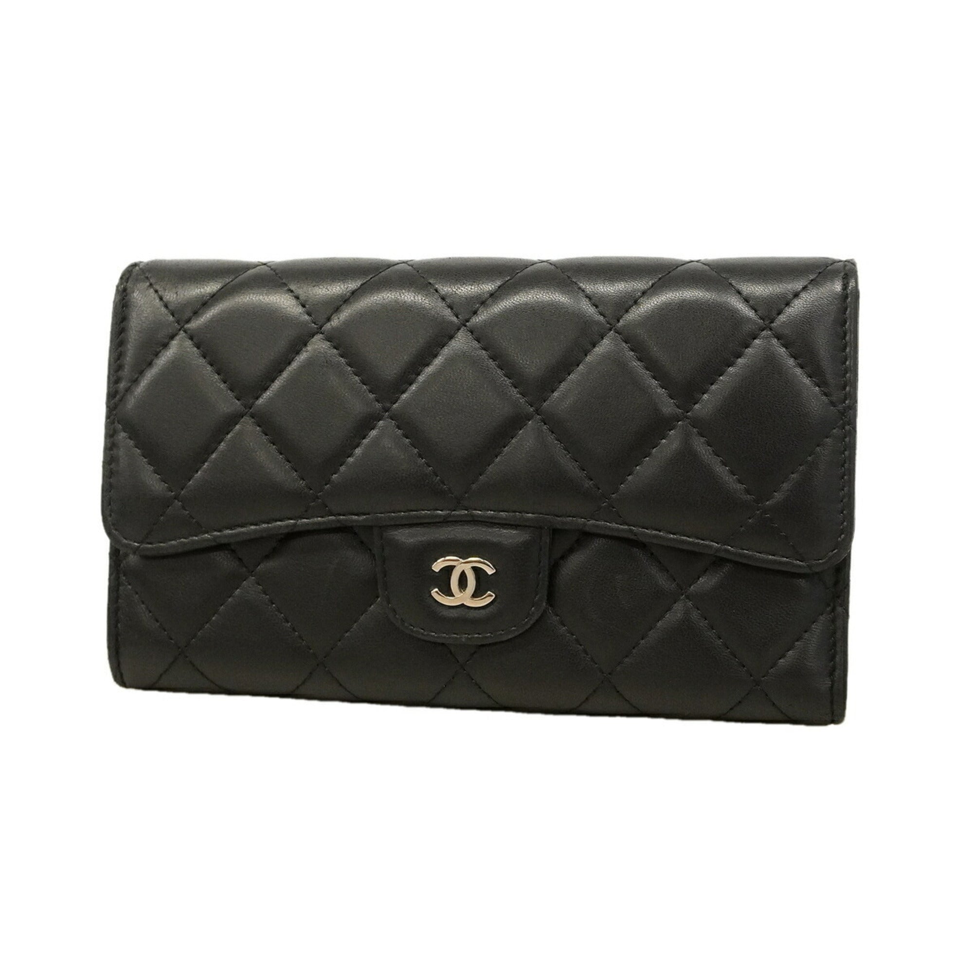 Chanel Black Leather Long Wallet (Tri-Fold) (Pre-Owned)