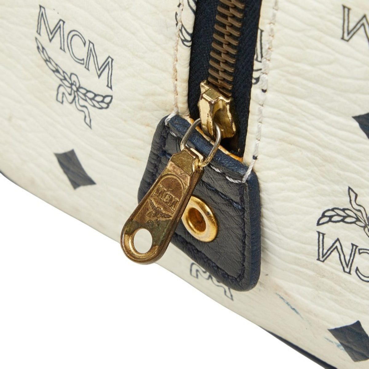 Mcm Gold Navy White Pvc Leather Boston Bag Handbag (Pre-Owned)