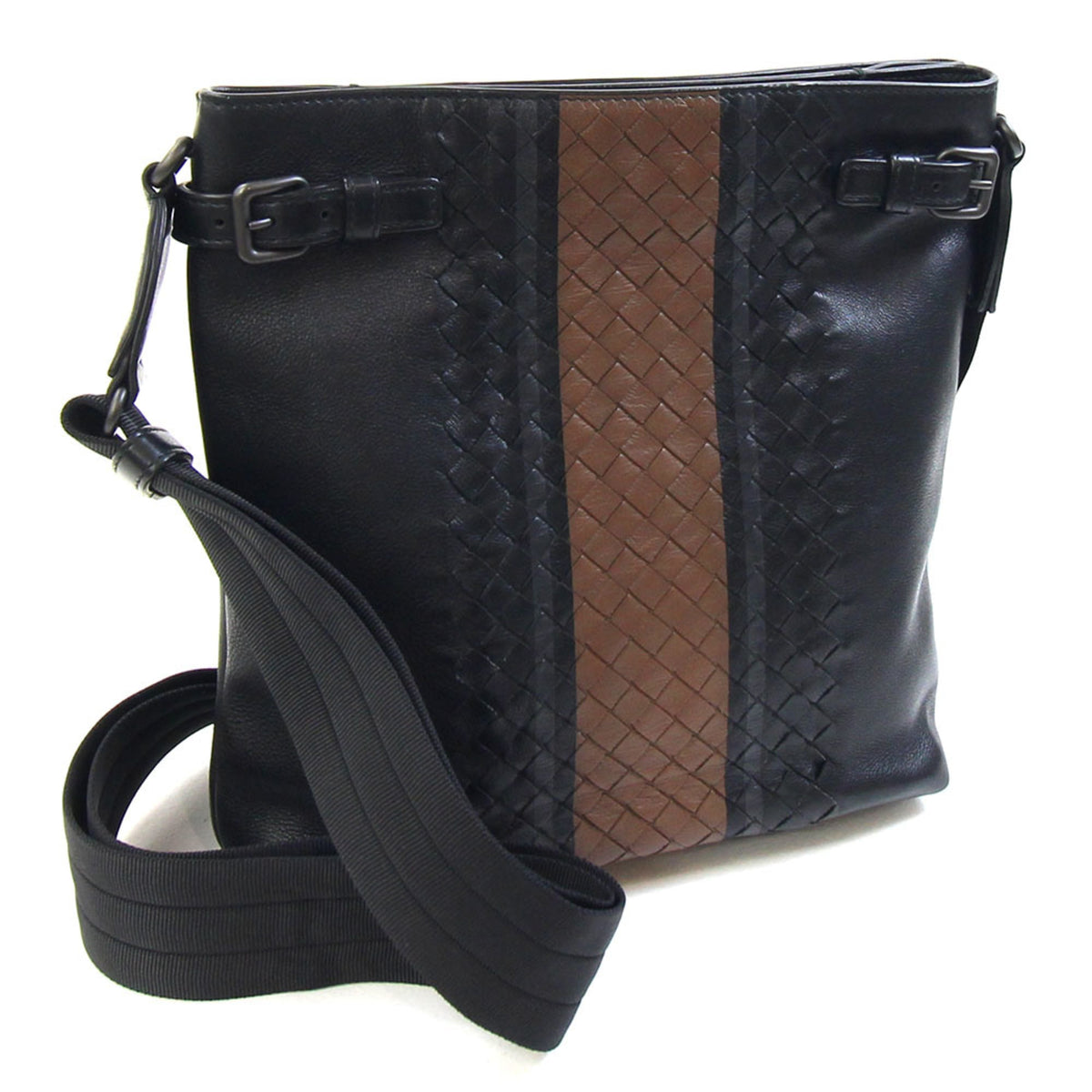 Bottega Veneta Intrecciato Black Brown Leather Shoulder Bag (Pre-Owned)