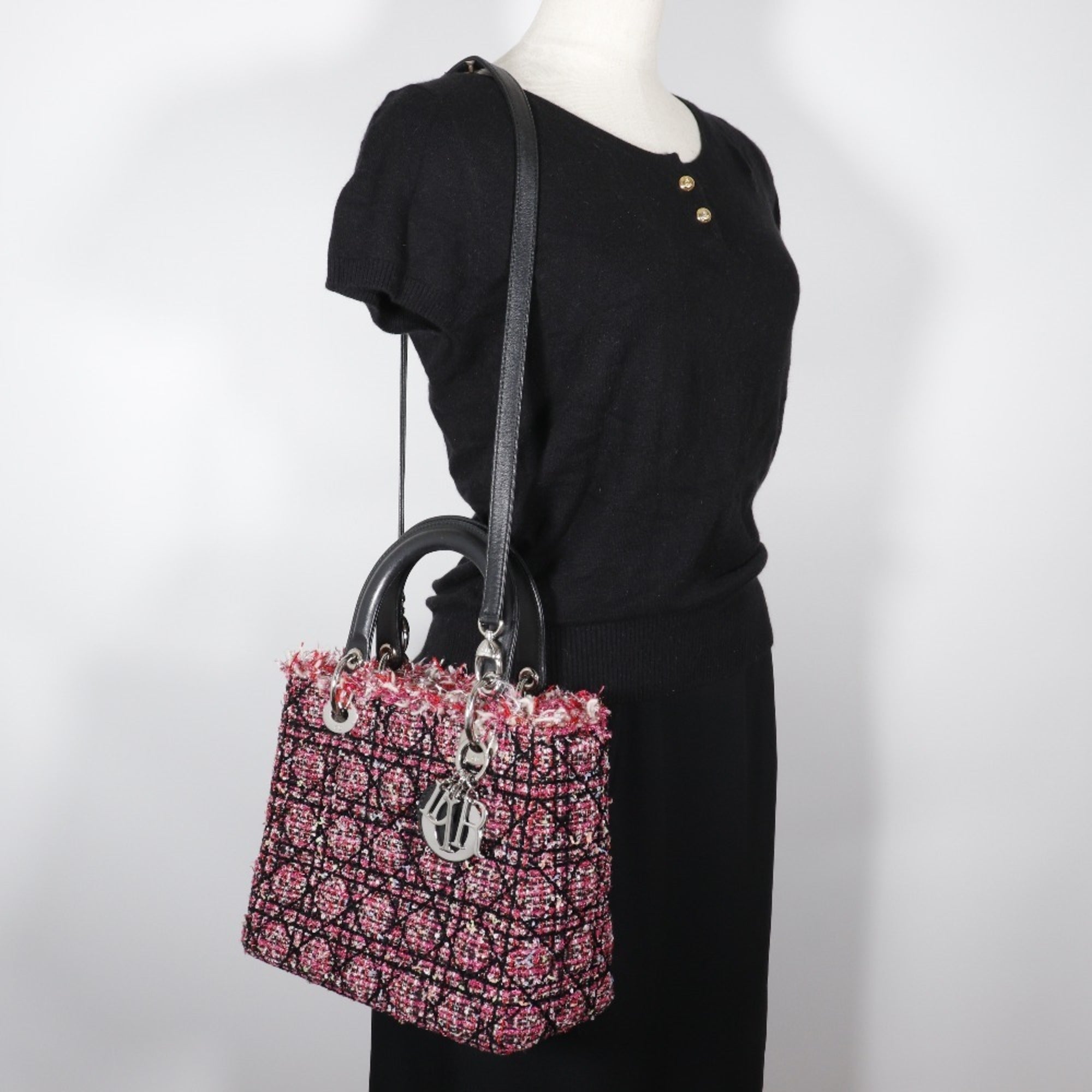 Christian Dior Lady Dior Black Pink Tweed Leather Handbag (Pre-Owned)