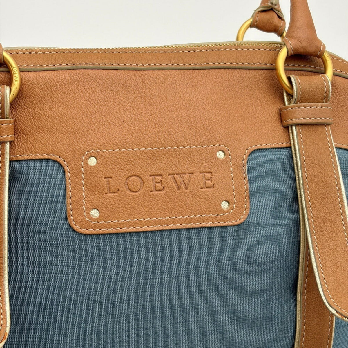 Loewe Beige Blue Nylon Leather Boston Bag Tote Bag (Pre-Owned)