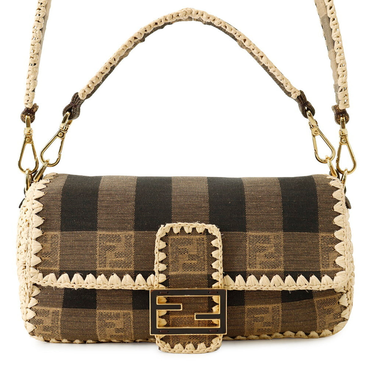 Fendi Beige Brown Raffia Canvas Handbag (Pre-Owned)