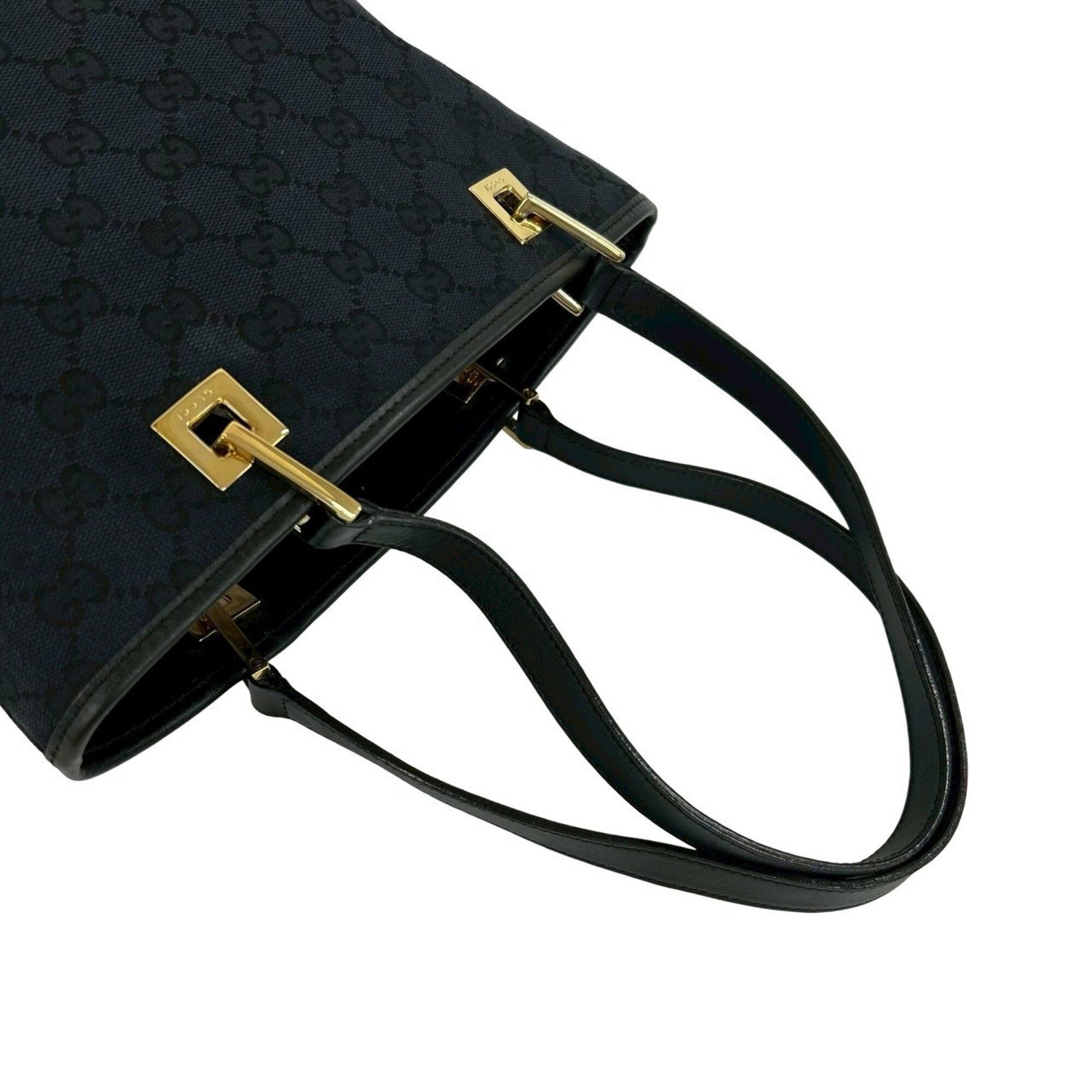 Gucci Black Navy Canvas Leather Handbag Tote Bag (Pre-Owned)