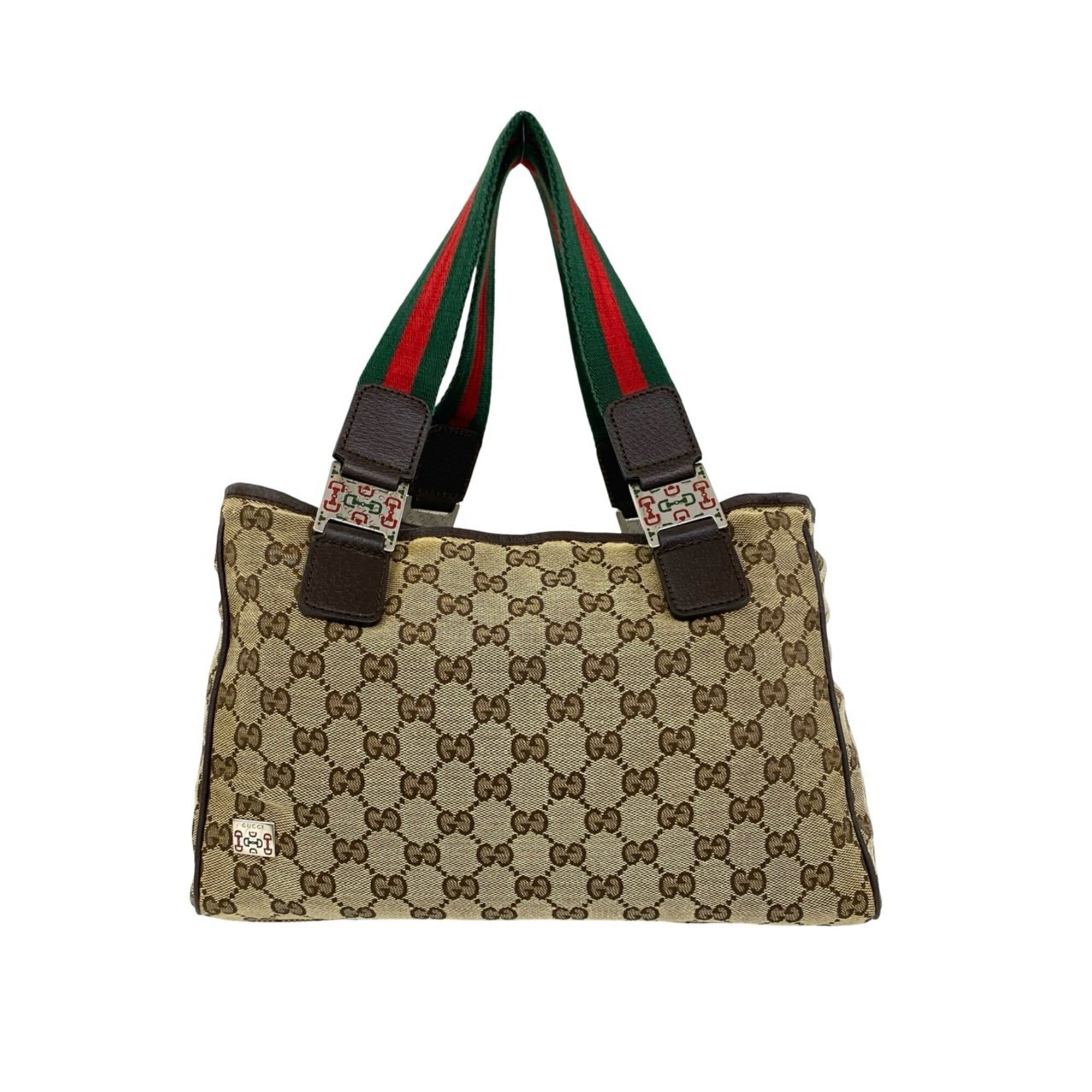 Gucci Brown Green Red Color Canvas Leather Handbag Tote Bag (Pre-Owned)
