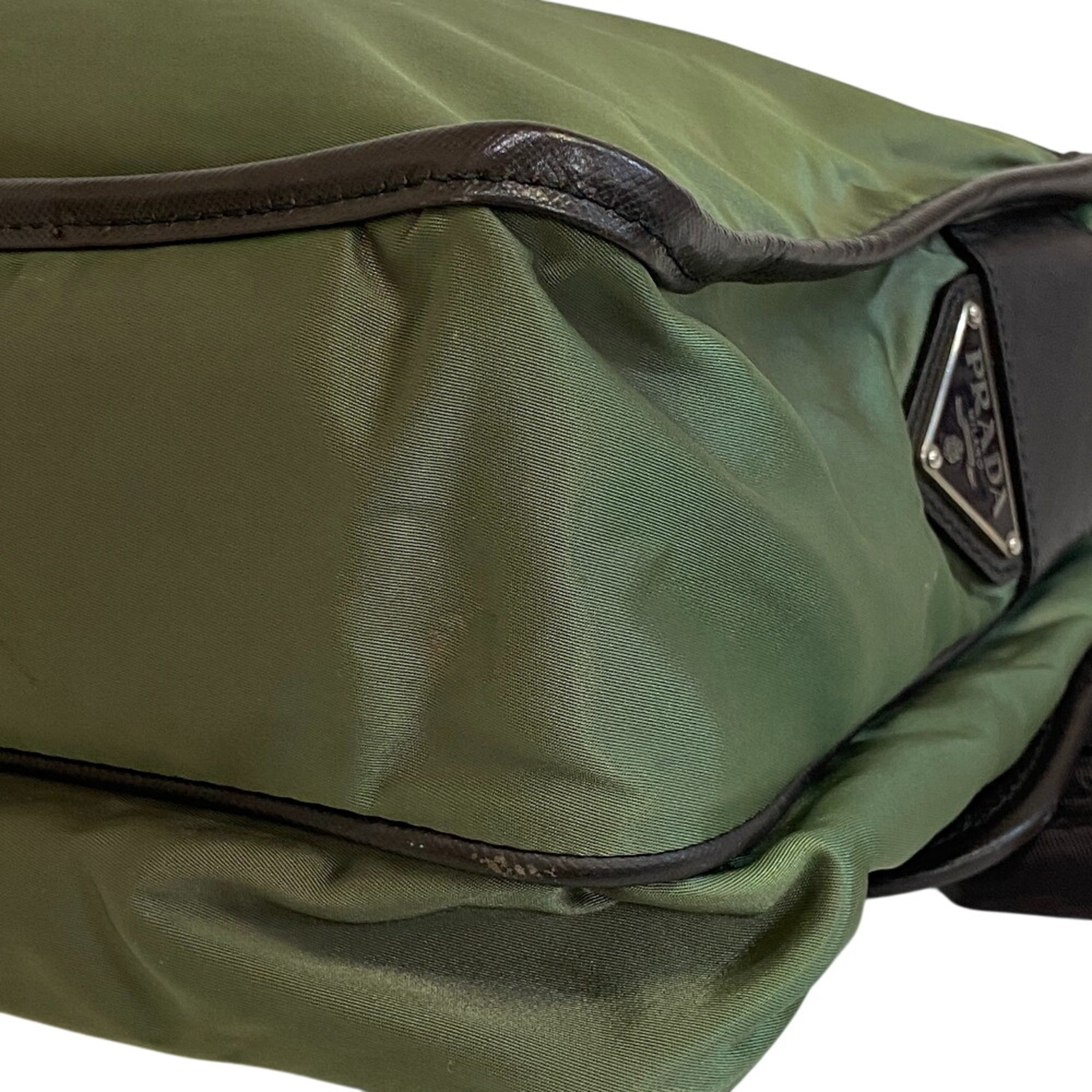 Prada Brown Green Nylon Leather Messenger Bag Shoulder Bag (Pre-Owned)