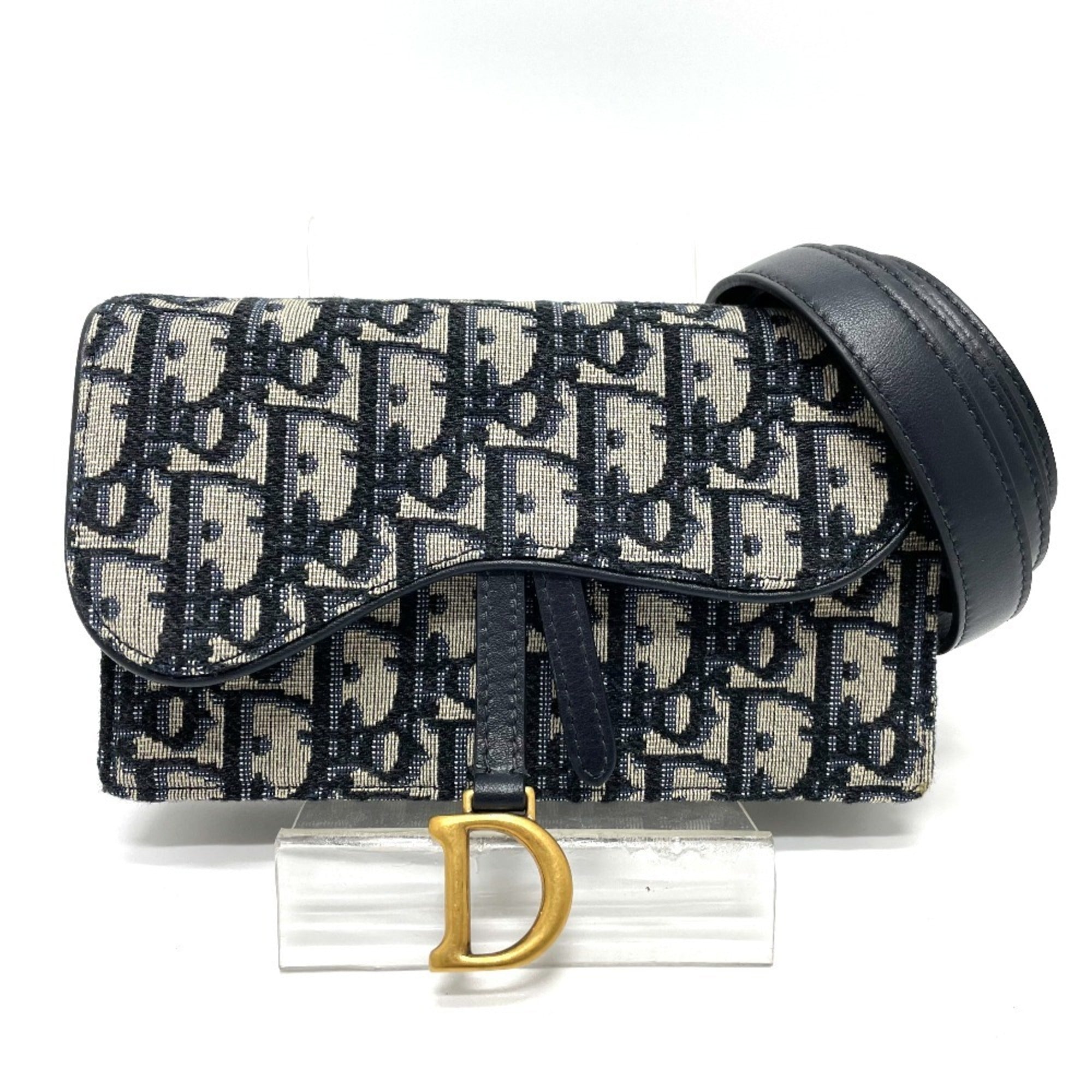 Christian Dior Navy Leather Canvas Fanny Pack Sling Bag (Pre-Owned)