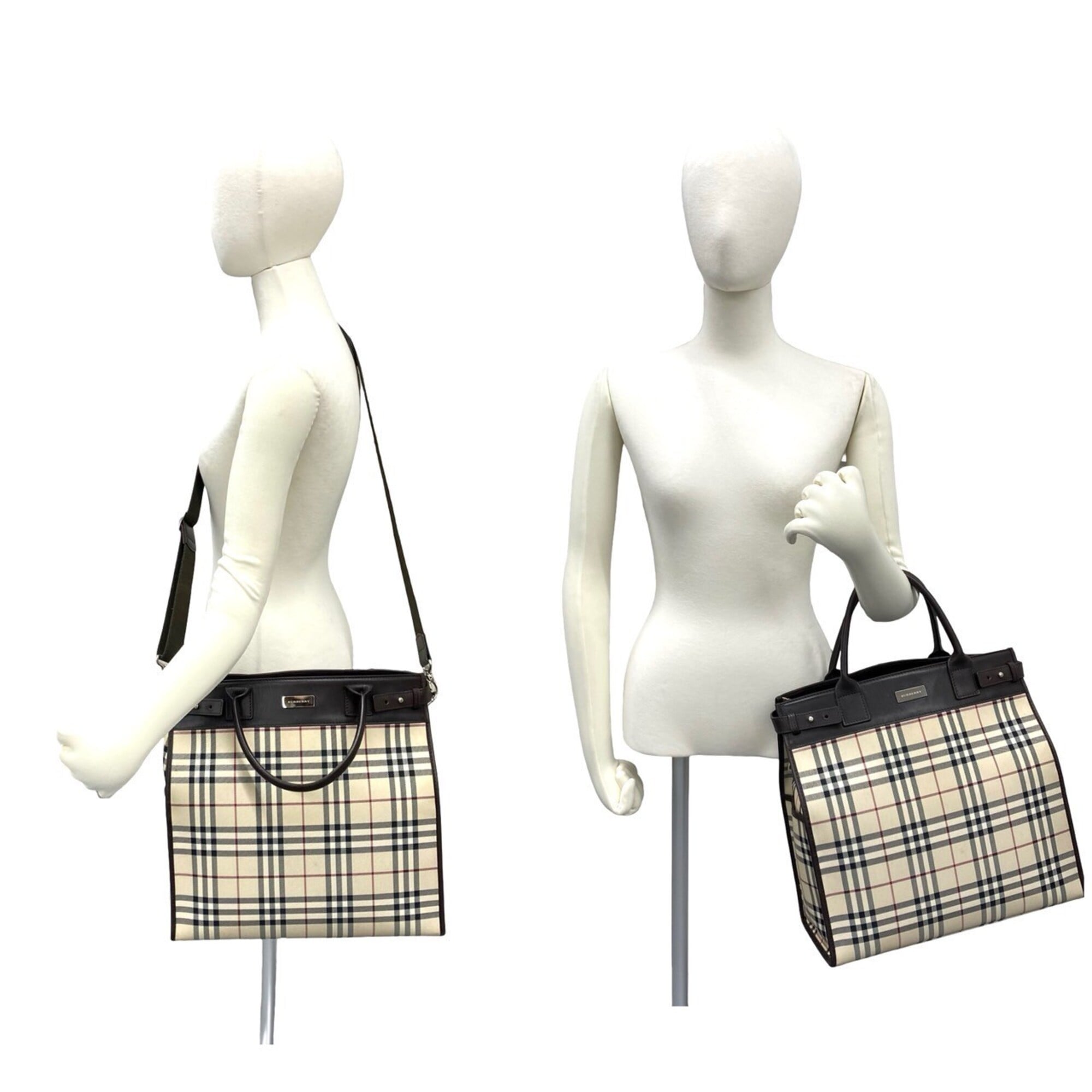 Burberry Beige Black Brown Red Color White Canvas Leather Handbag Shoulder Bag (Pre-Owned)