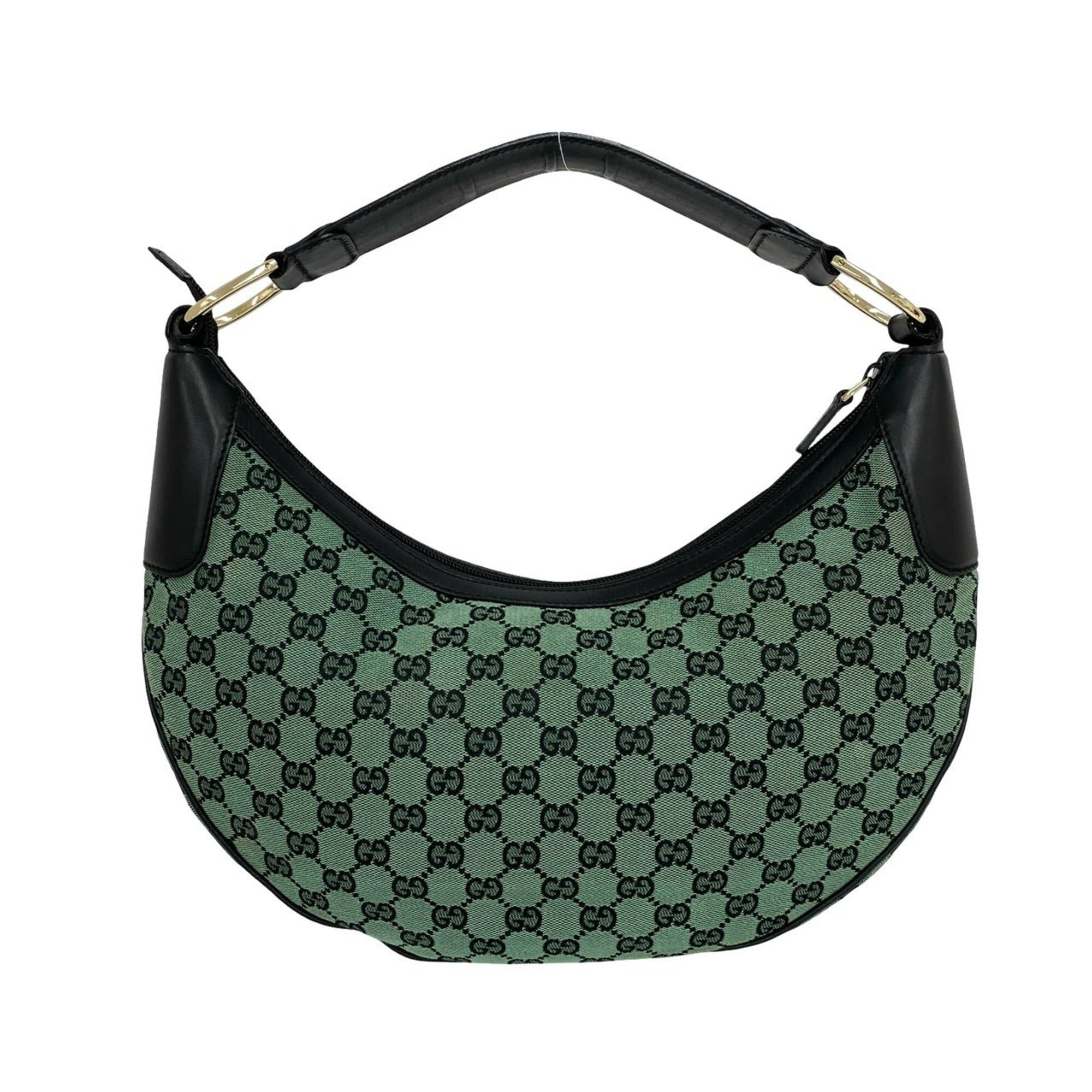 Gucci Black Green Canvas Leather Handbag Shoulder Bag (Pre-Owned)