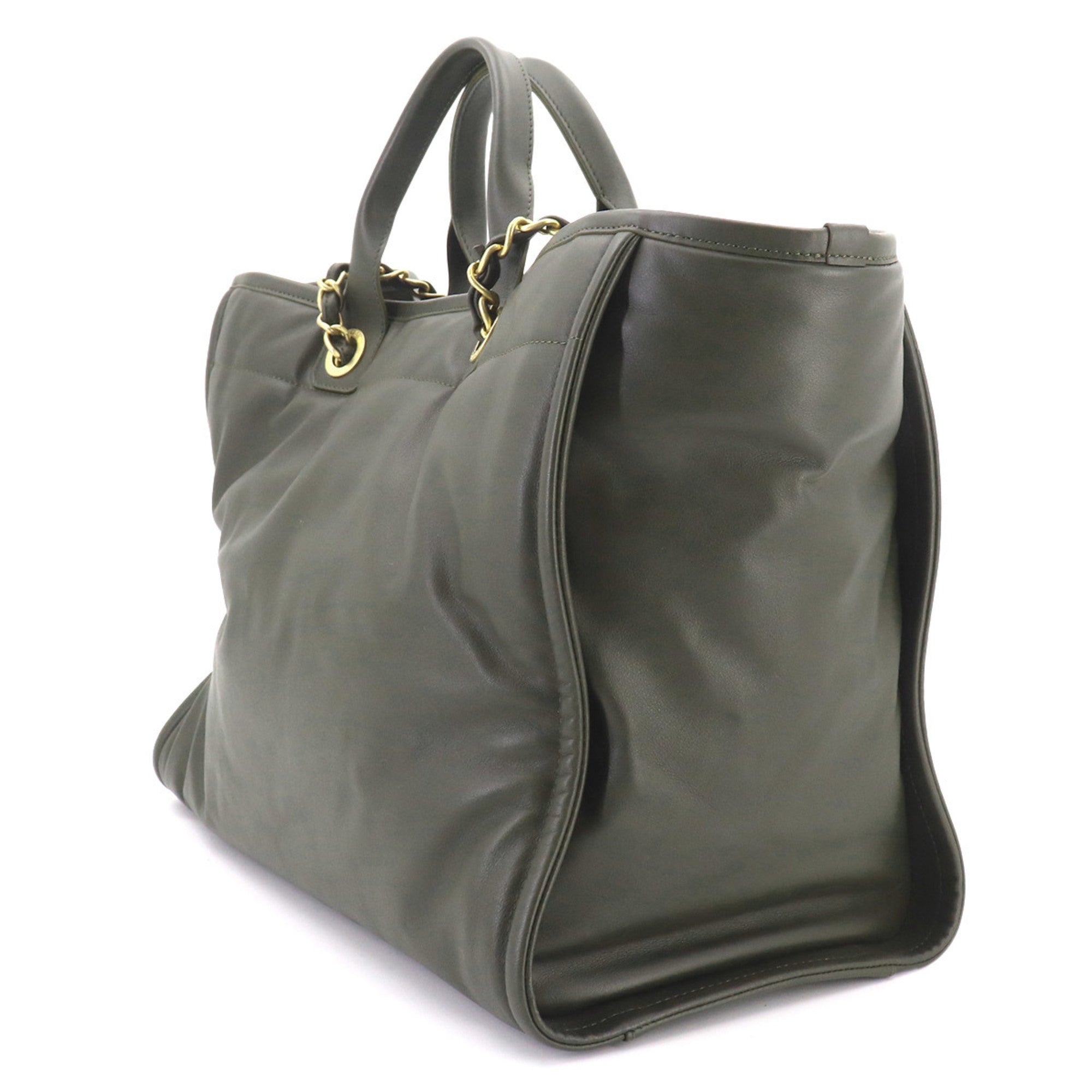 Chanel Khaki Leather Handbag Pouch Tote Bag (Pre-Owned)
