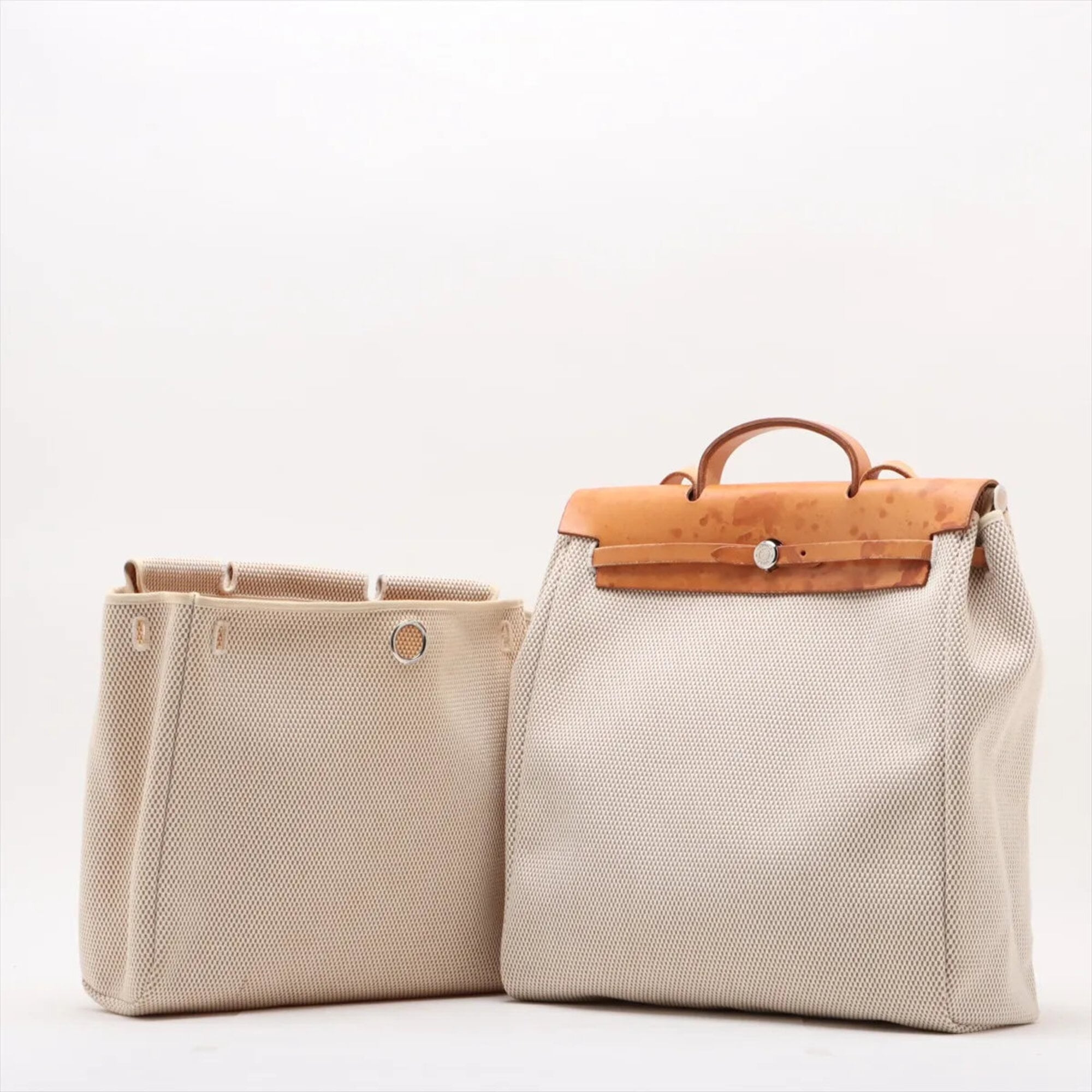 Hermes Beige Canvas Leather Shoulder Bag Tote Bag (Pre-Owned)