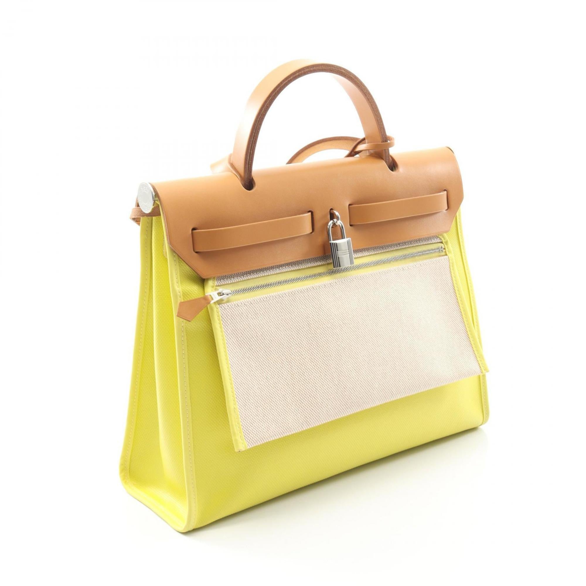 Hermes Brown Lime Yellow Natural Yellow Toile H Leather Handbag Pouch (Pre-Owned)