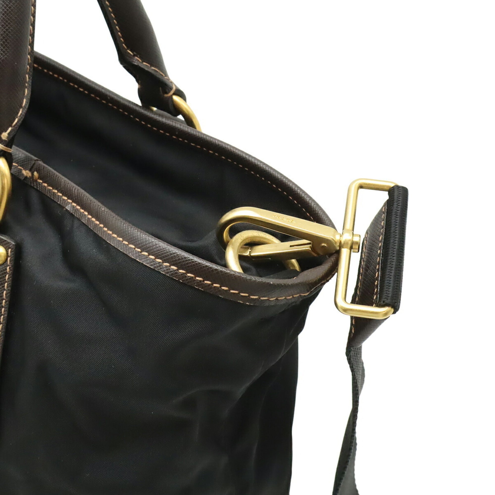 Prada Black Dark Brown Nero Nylon Leather Shoulder Bag Tote Bag (Pre-Owned)