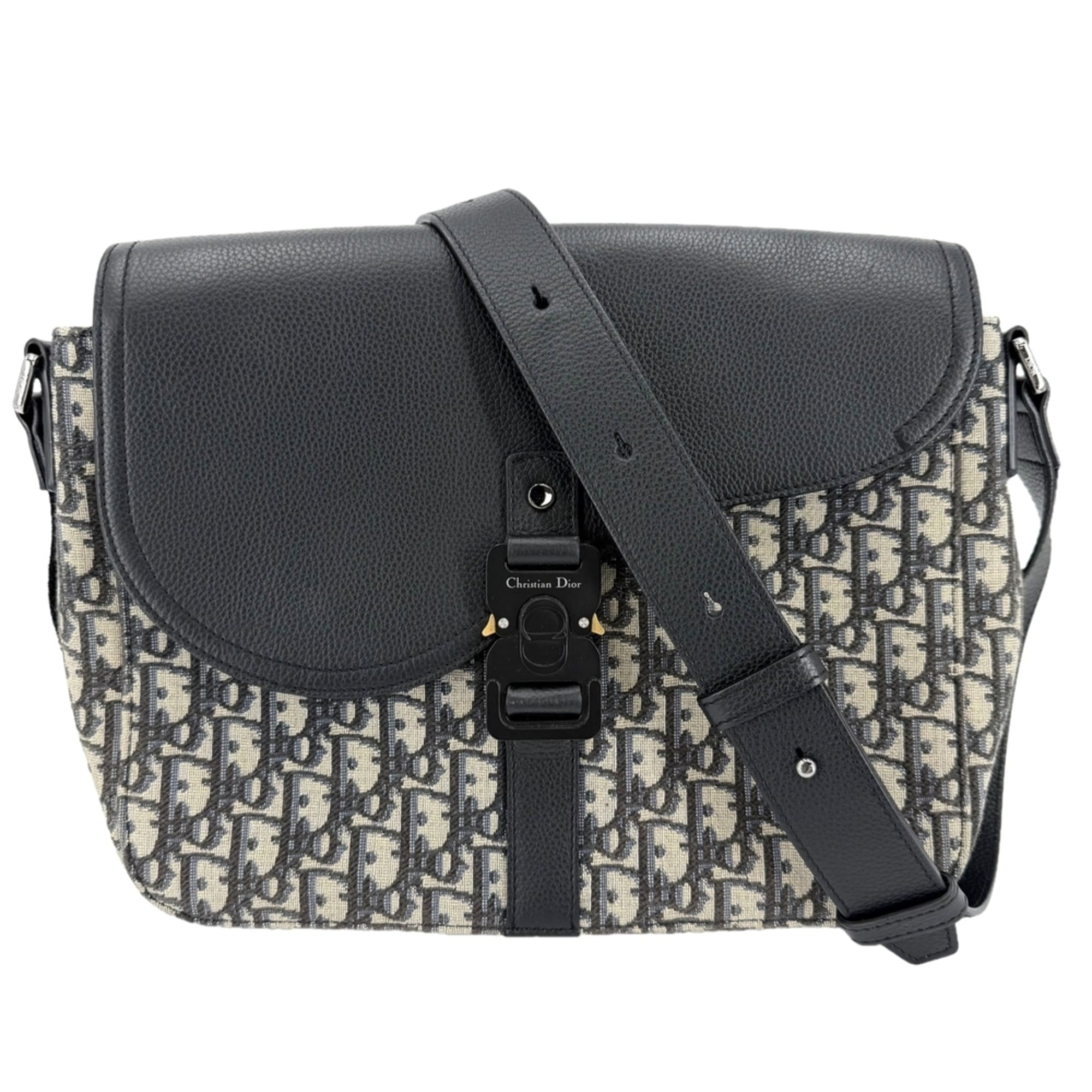Christian Dior Beige Black Leather Canvas Shoulder Bag (Pre-Owned)