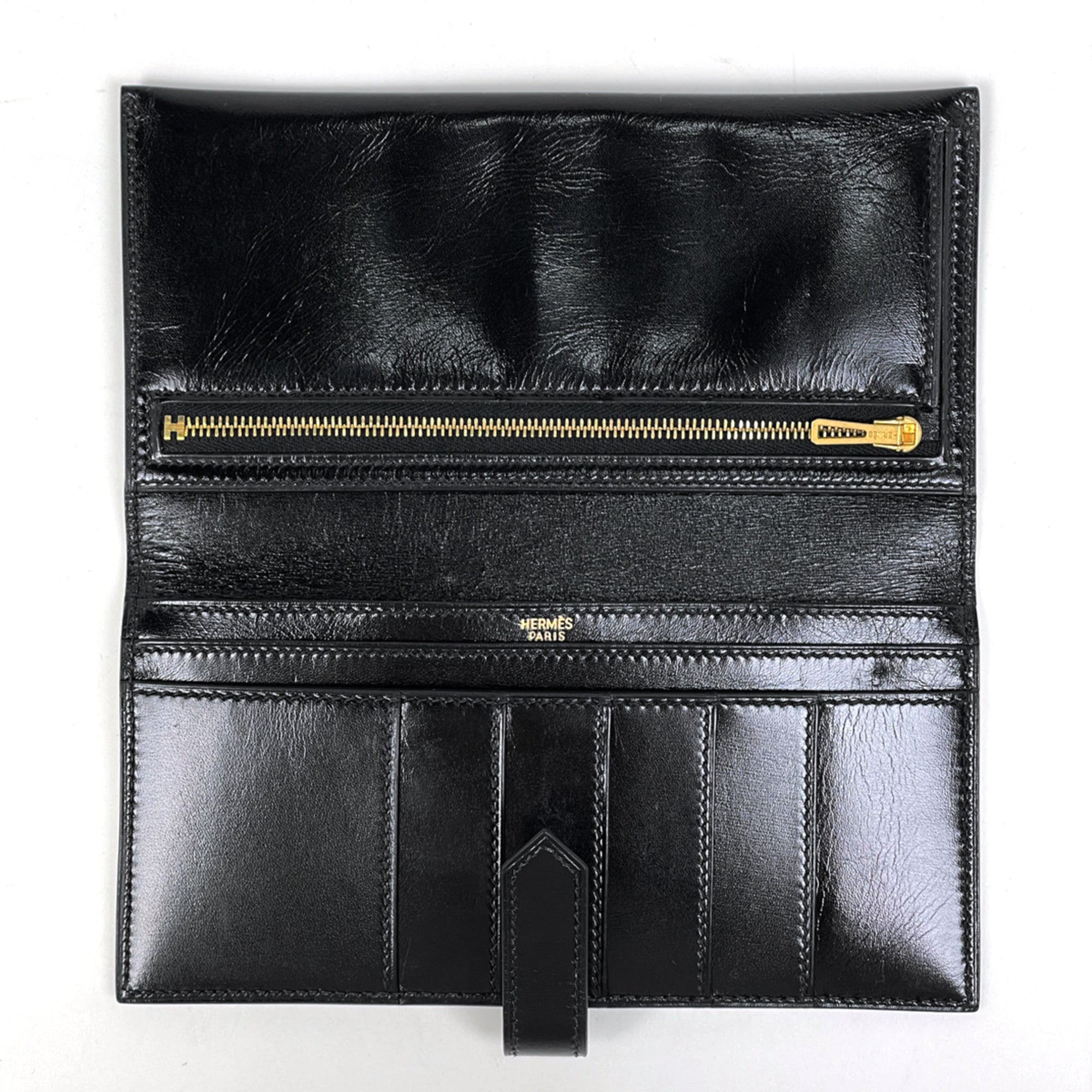 Hermes Bearn Black Box Calf Leather Long Wallet (Bi-Fold) (Pre-Owned)