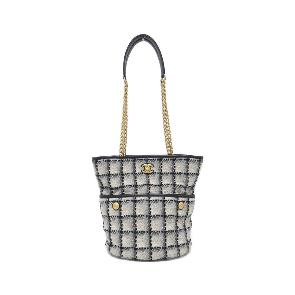 Chanel Beige Black Gray Cotton Wool Tweed Shoulder Bag (Pre-Owned)